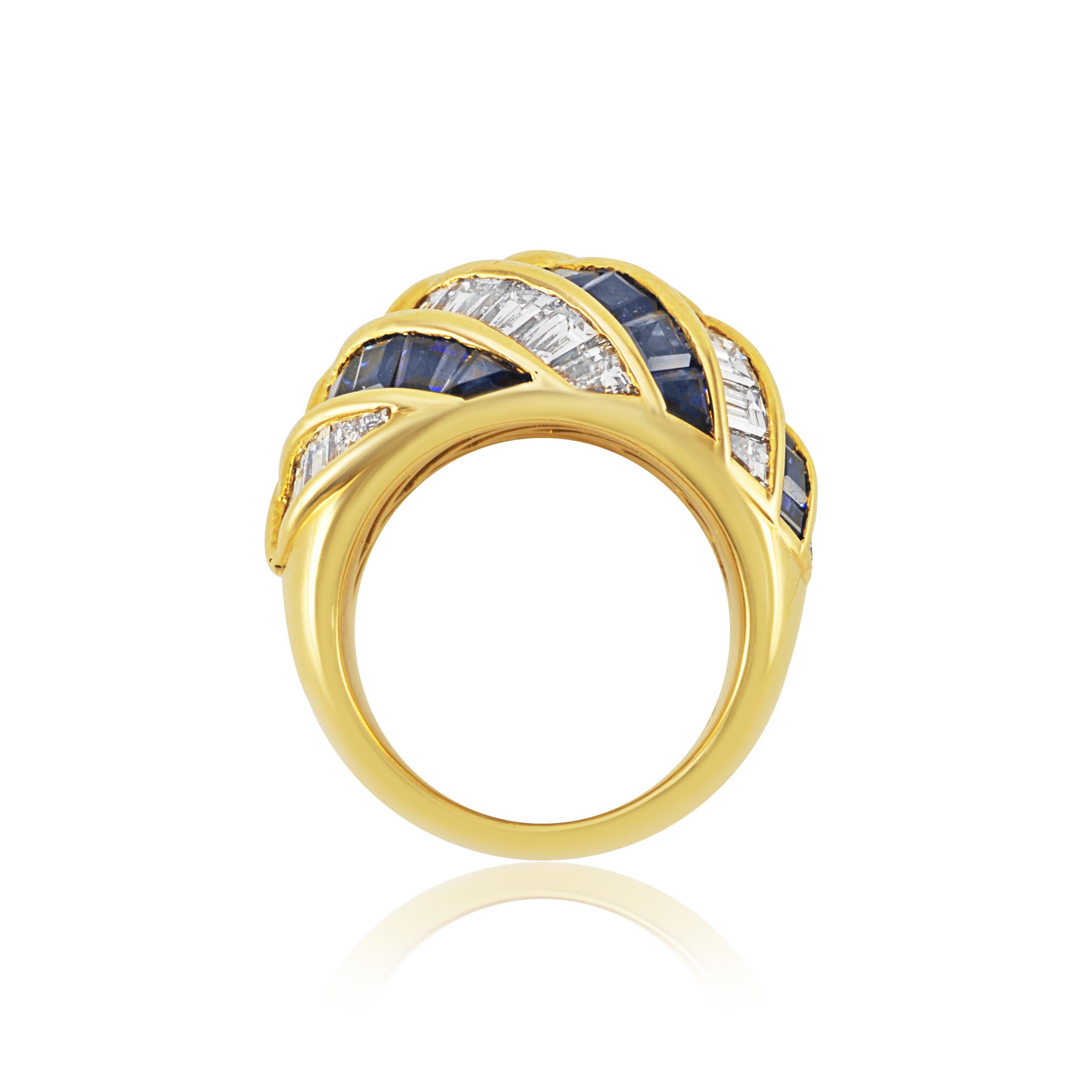 Baguette Cut Picchiotti 18K Yellow Gold Baguette Diamond and Sapphire Cocktail Ring For Sale