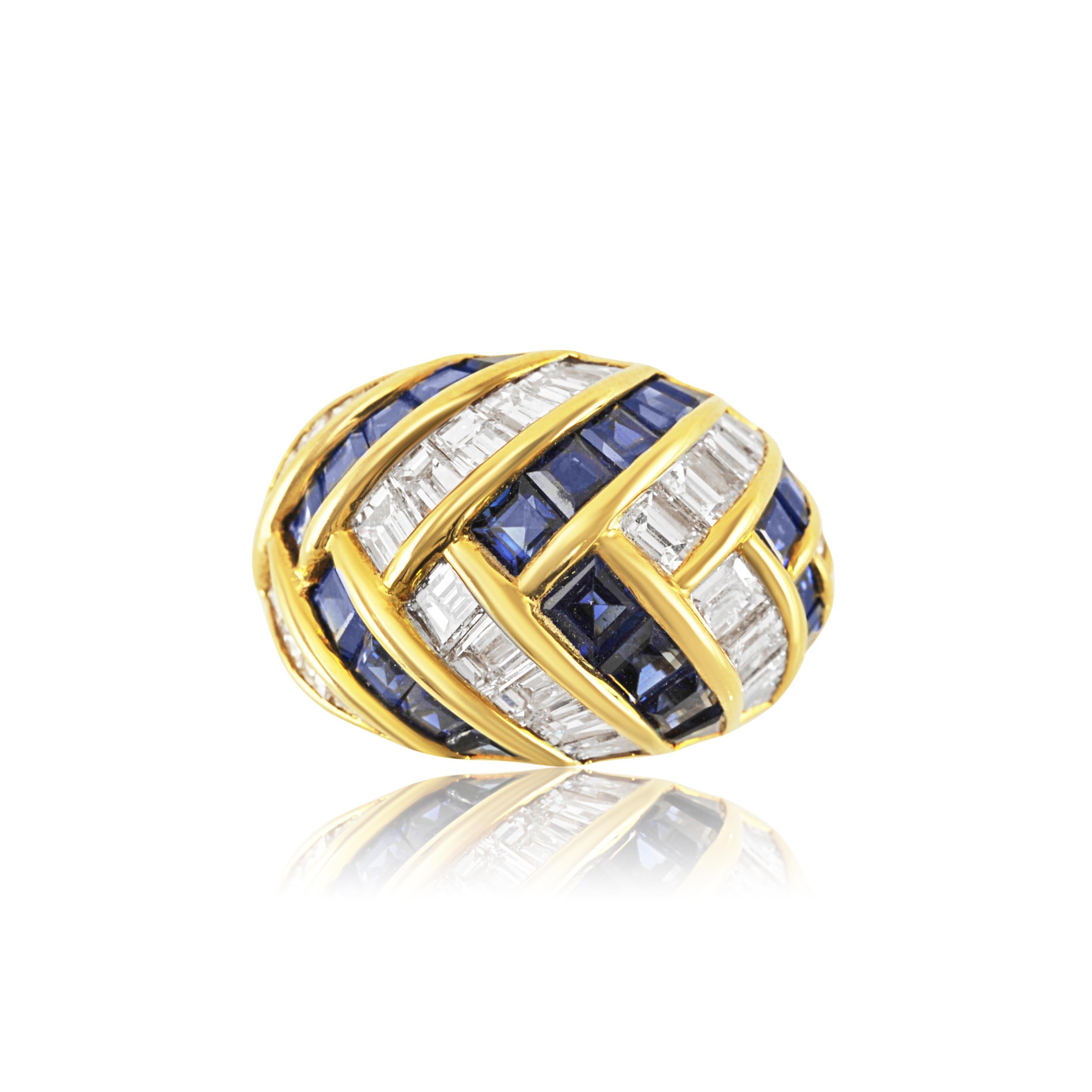 Women's Picchiotti 18K Yellow Gold Baguette Diamond and Sapphire Cocktail Ring For Sale