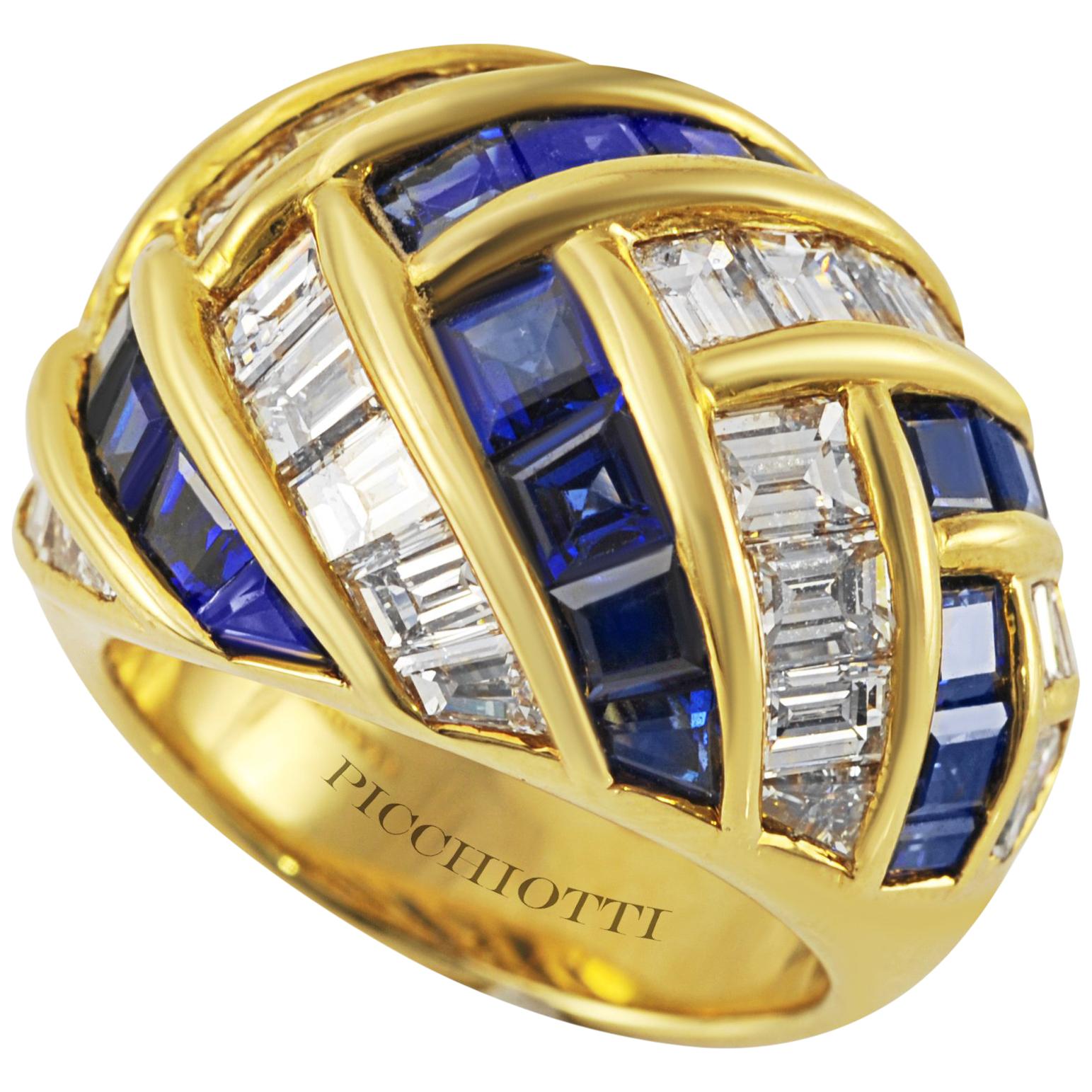 Picchiotti 18K Yellow Gold Baguette Diamond and Sapphire Cocktail Ring For Sale