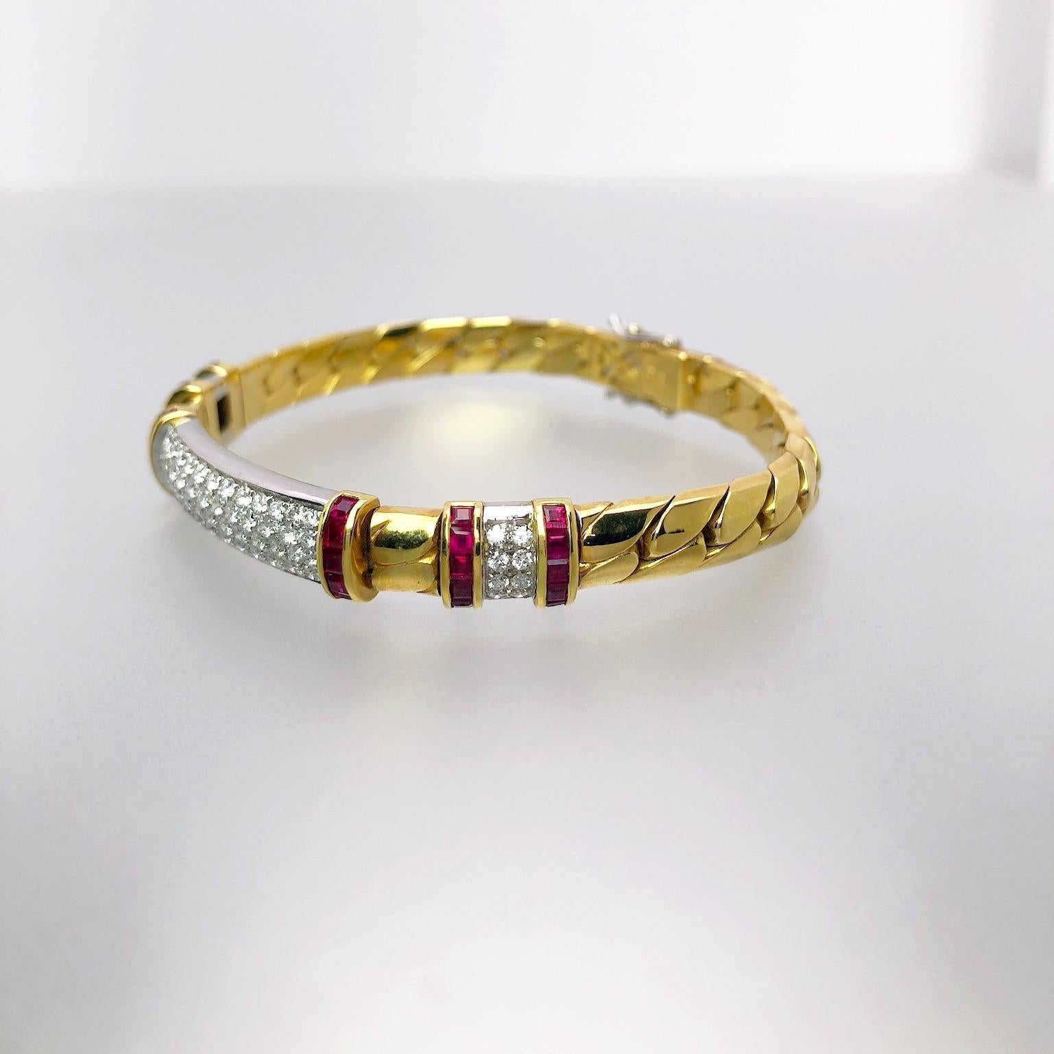 Designed by master craftsman Giuseppe Picchiotti, This Gourmette Ruby and Diamond Bracelet is a perfect example of a timeless piece that can be dressed up or down. 18Kt. Yellow and White gold link bracelet with pave diamond and square ruby motifs.