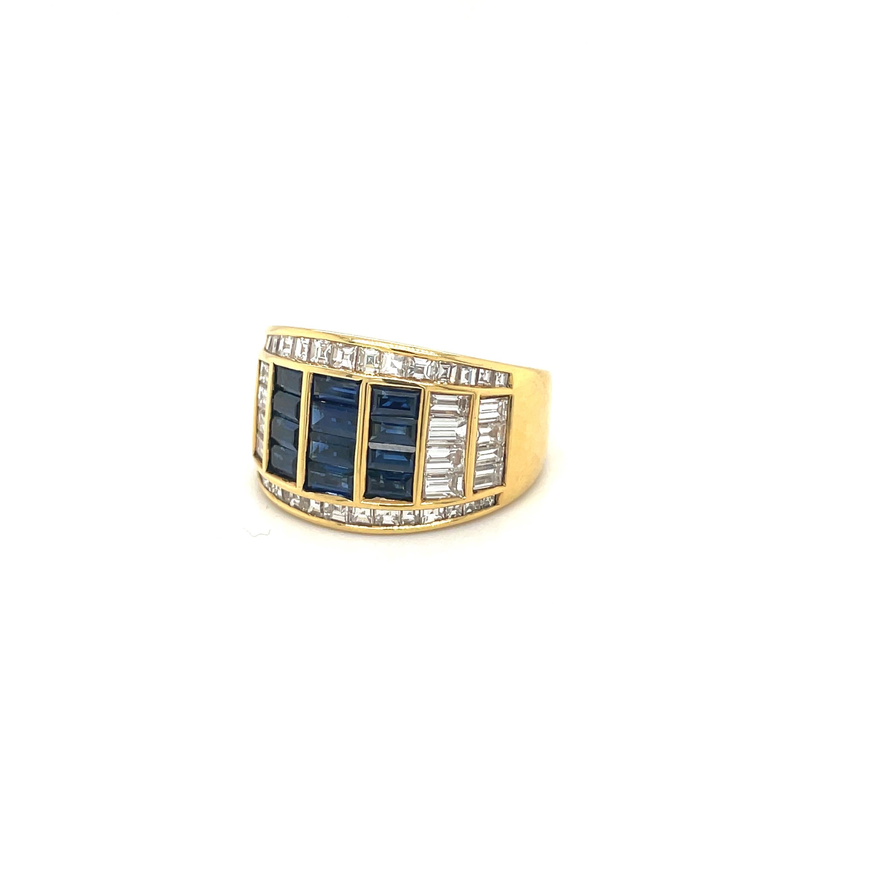 Baguette Cut Picchiotti 18KT Yellow Gold 2.14Ct Diamond & 1.68Ct Blue Sapphire Band Ring For Sale