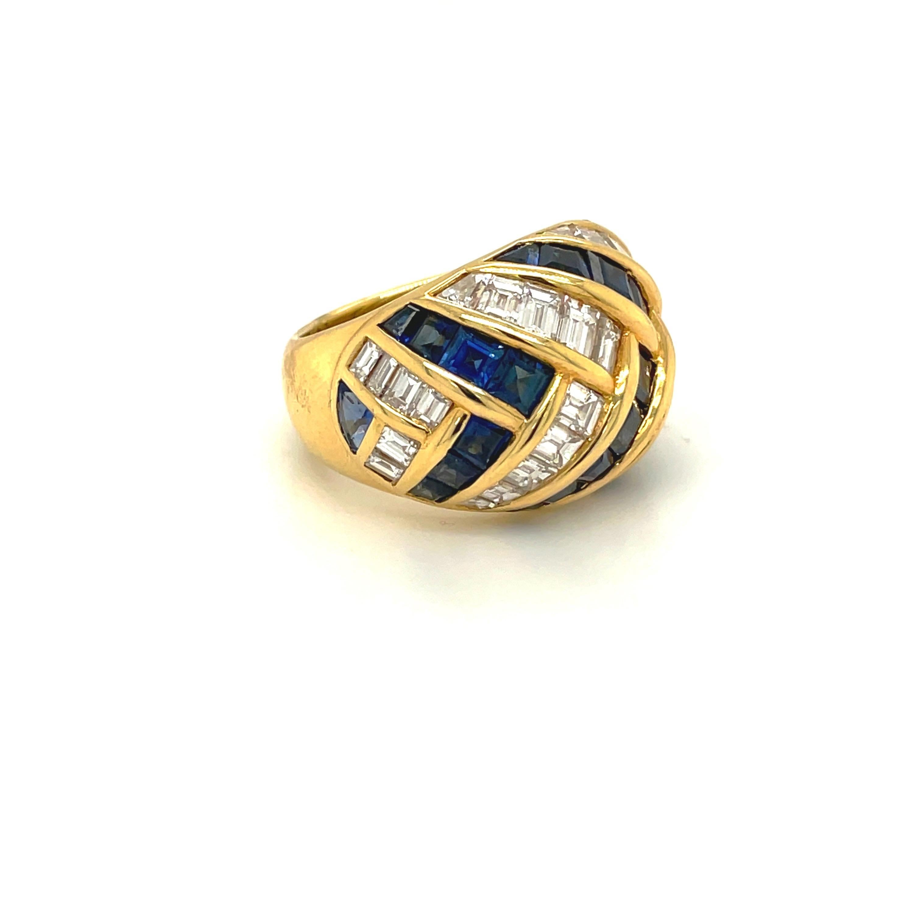 Baguette Cut Picchiotti 18 Karat Gold 4.09 Carat Diamond and 4.67 Carat Sapphire Dome Ring For Sale