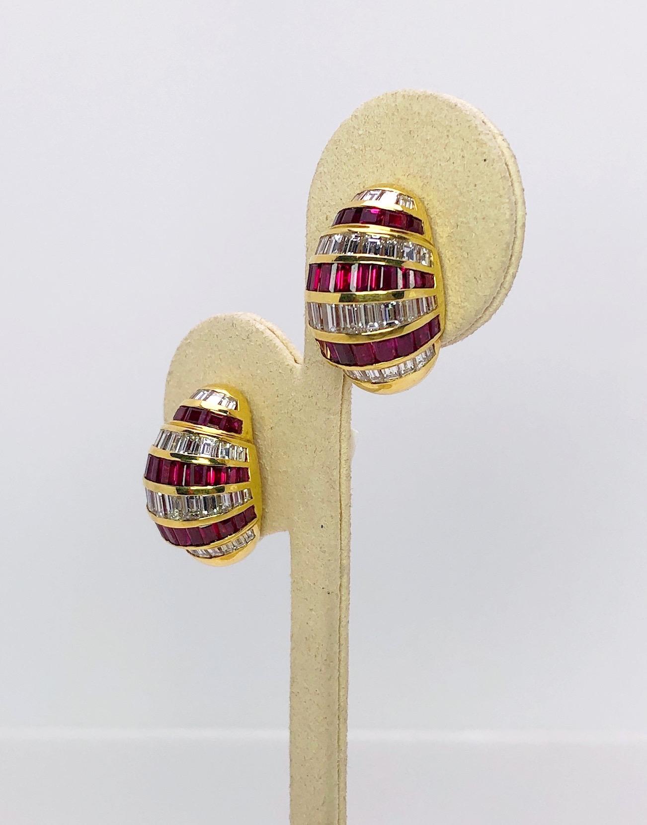 Crafted by the famed Italian designer Guiseppe Picchiotti, this earring is a perfect example of his detailed work and timeless style. These earrings are composed of alternating baguette cut diamond and ruby rows, set in 18 karat yellow gold. Clip on