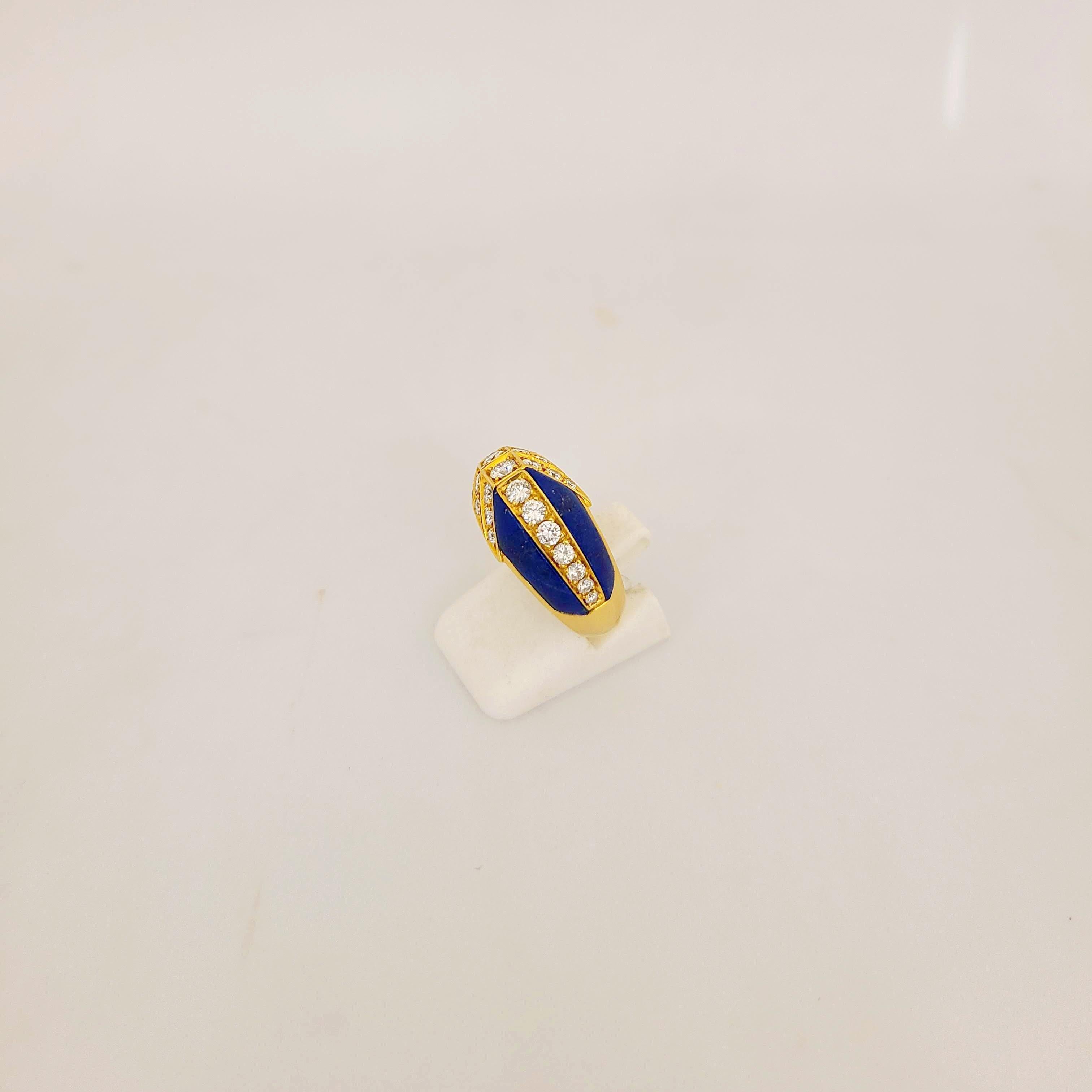 Designed by master craftsman Giuseppe Picchiotti . Cellini NYC presents this 18 karat yellow gold ring beautifully set with round brilliant diamonds, accented with lapis lazuli sections.
Total diamond weight 0.91 carats
Ring size 6.5  sizing options