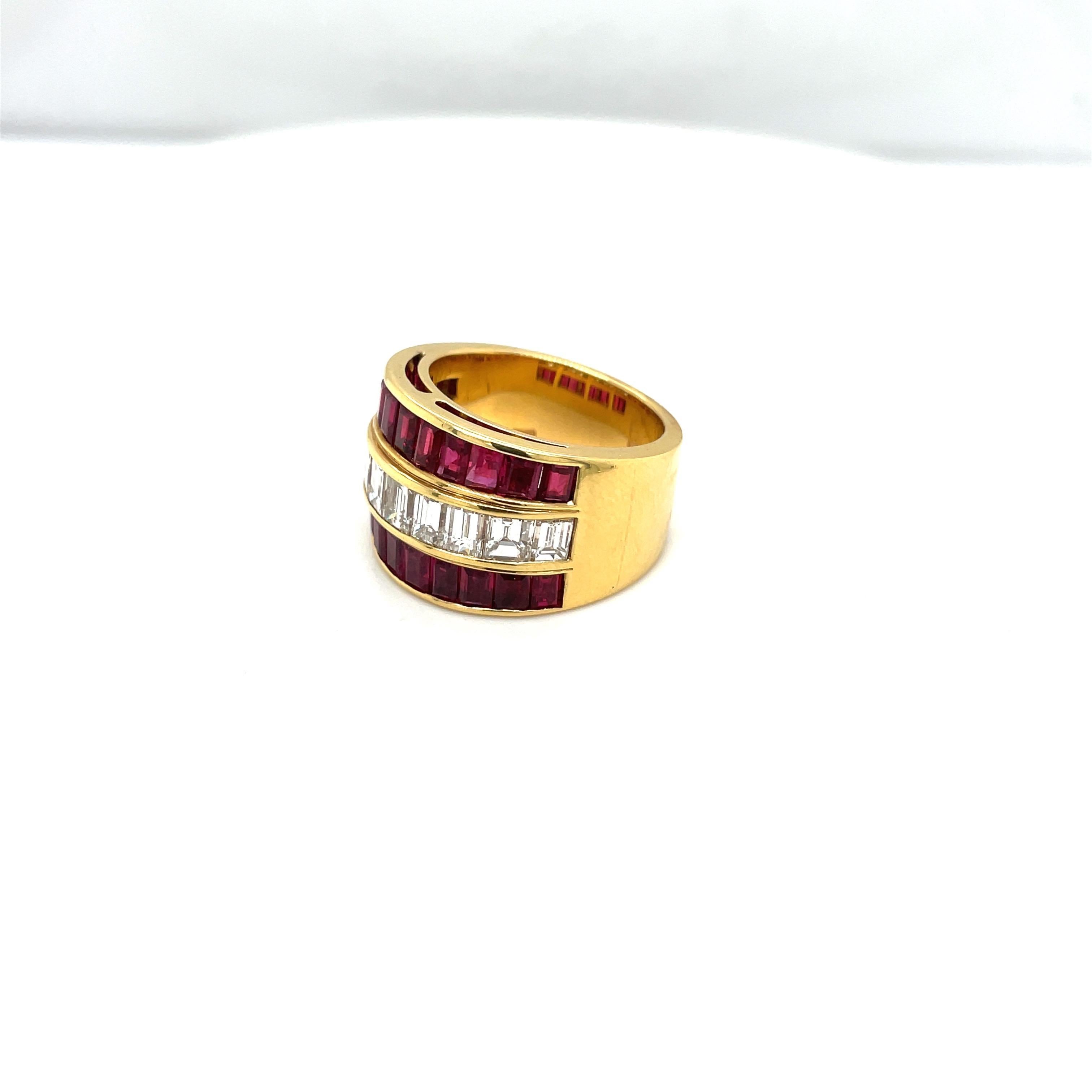 Baguette Cut Picchiotti 18KT Yellow Gold Baguette Ruby 4.07Ct & Diamond 2.36CT Band Ring For Sale
