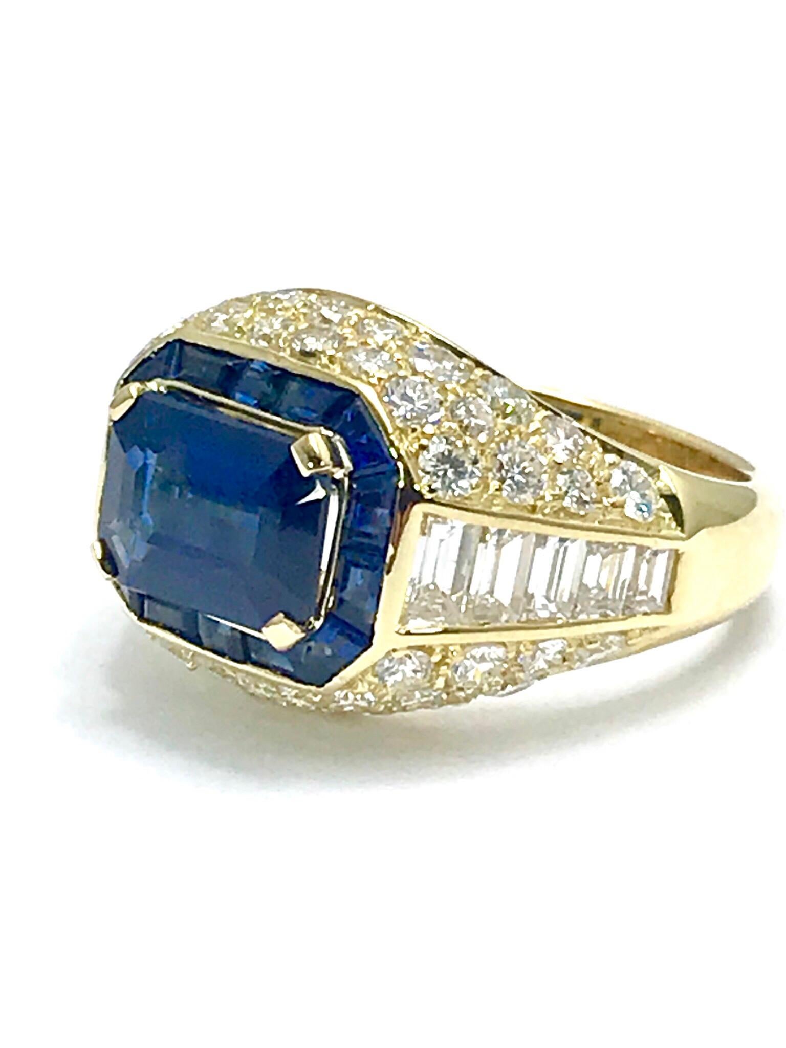 Modernist Picchiotti 2.48 Carat Emerald Cut Sapphire and Diamond Yellow Gold Ring