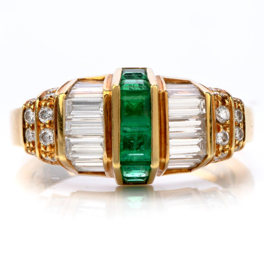 Designed by master craftsman Giuseppe Picchiotti. 
This Stunning 18 karat yellow gold ring carefully channel set with Square asscher-cut top quality  Colombian emeralds and Baguettes diamonds with Pave-set round brilliant diamonds, Total diamond