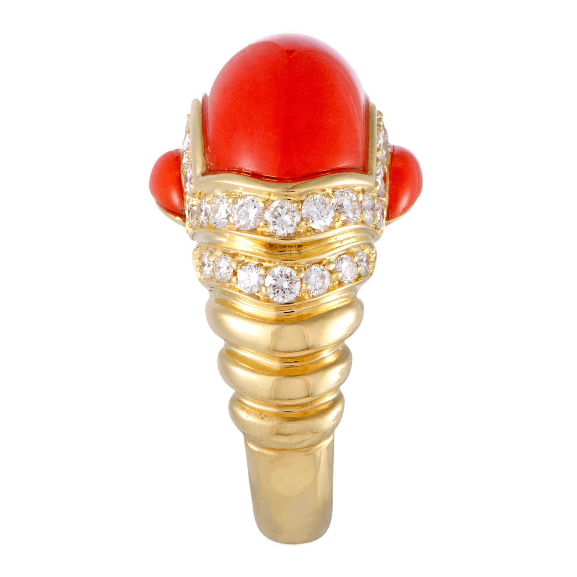 Oval Cut Picchiotti Coral and Diamond Gold Band Ring