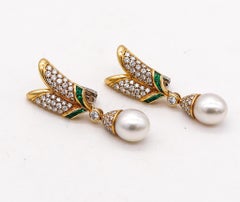 Picchiotti Tropfenperlen-Ohrringe 18Kt Gold 4,07 Gesamtkaratgewicht Diamanten und Smaragde