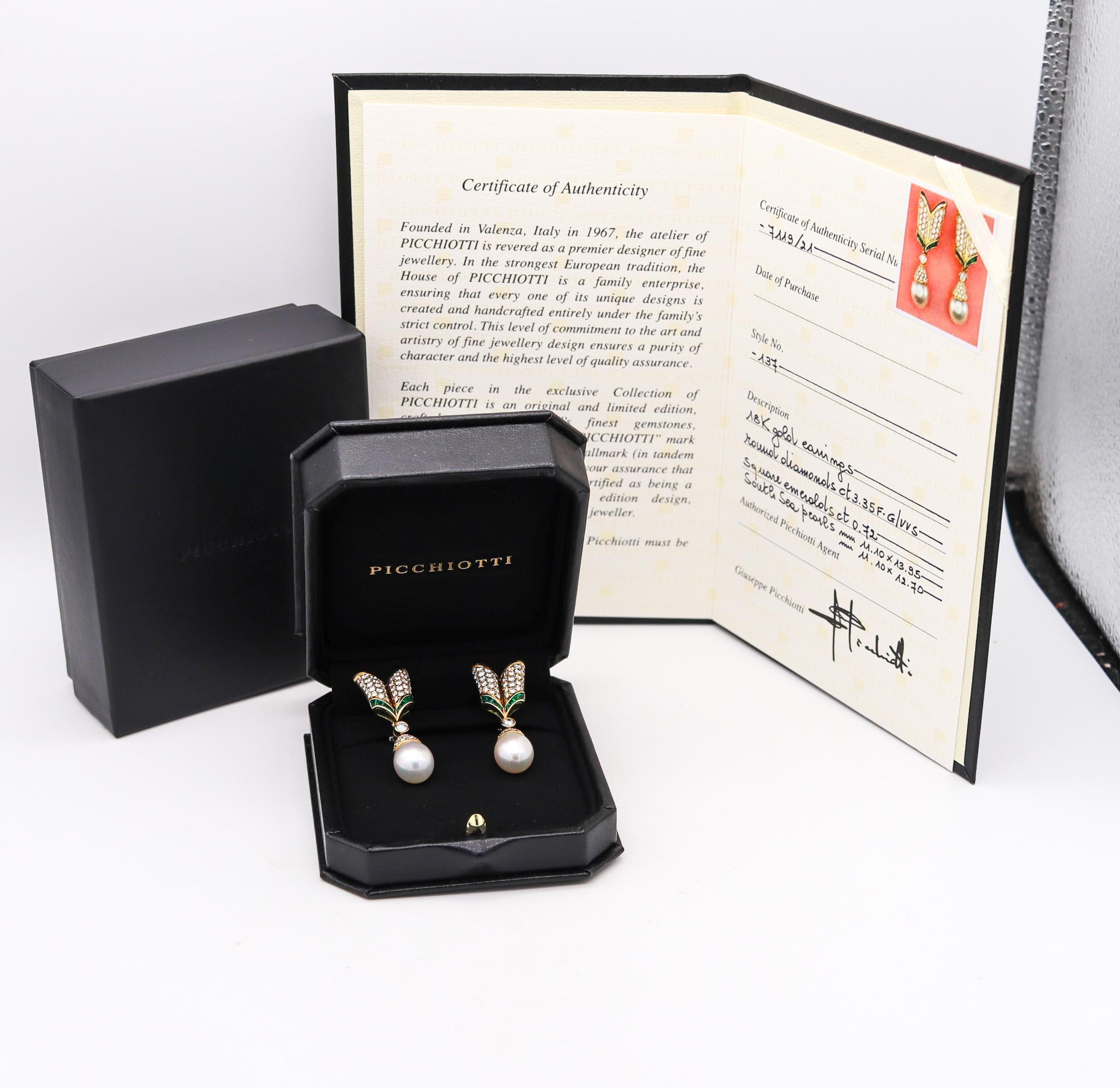 Picchiotti Dangle Drop Pearls Earrings 18Kt Gold 4.07 Ctw Diamonds And Emeralds For Sale 3