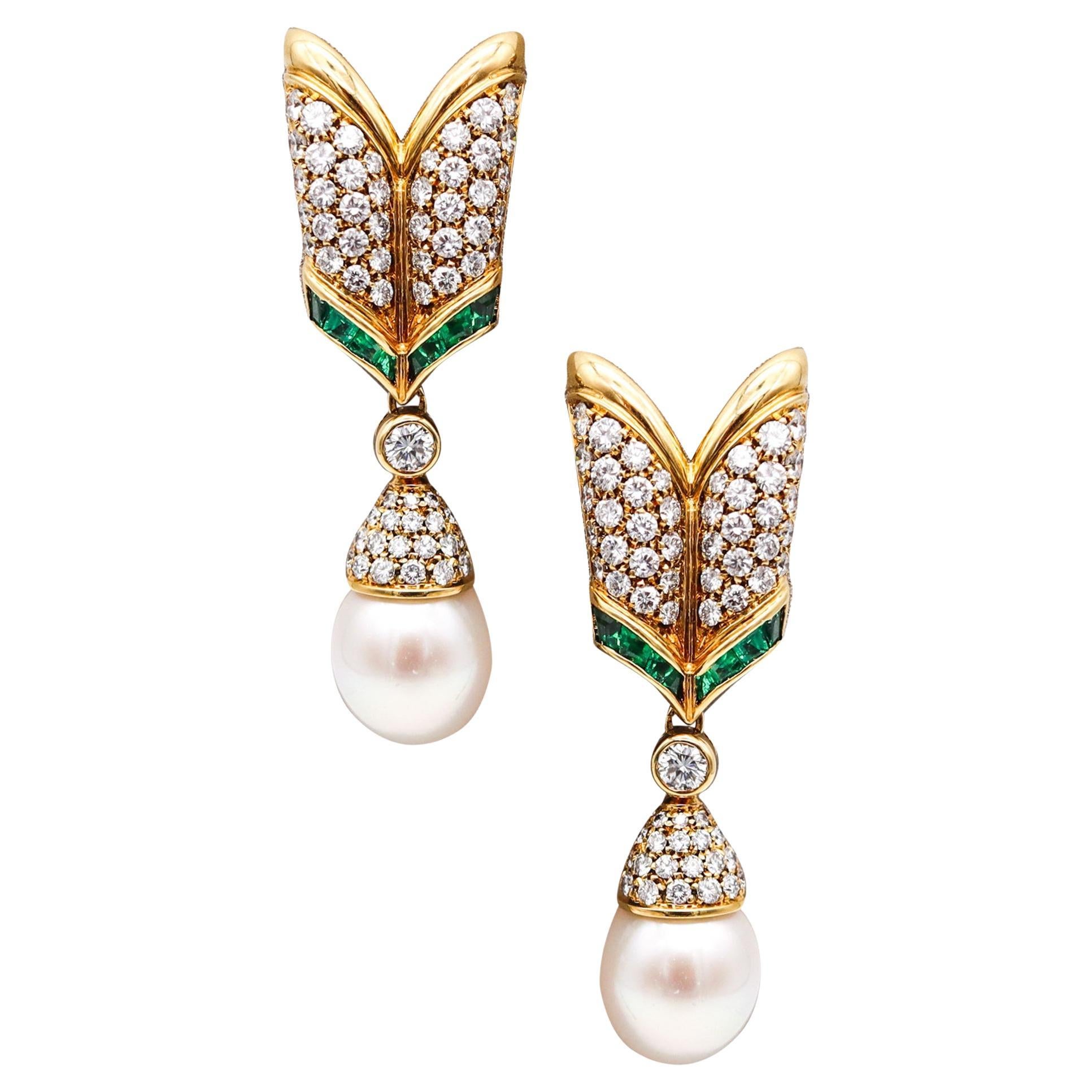 Picchiotti Dangle Drop Pearls Earrings 18Kt Gold 4.07 Ctw Diamonds And Emeralds For Sale