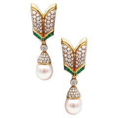 Picchiotti Dangle Drop Pearls Earrings 18Kt Gold 4.07 Ctw Diamonds And Emeralds