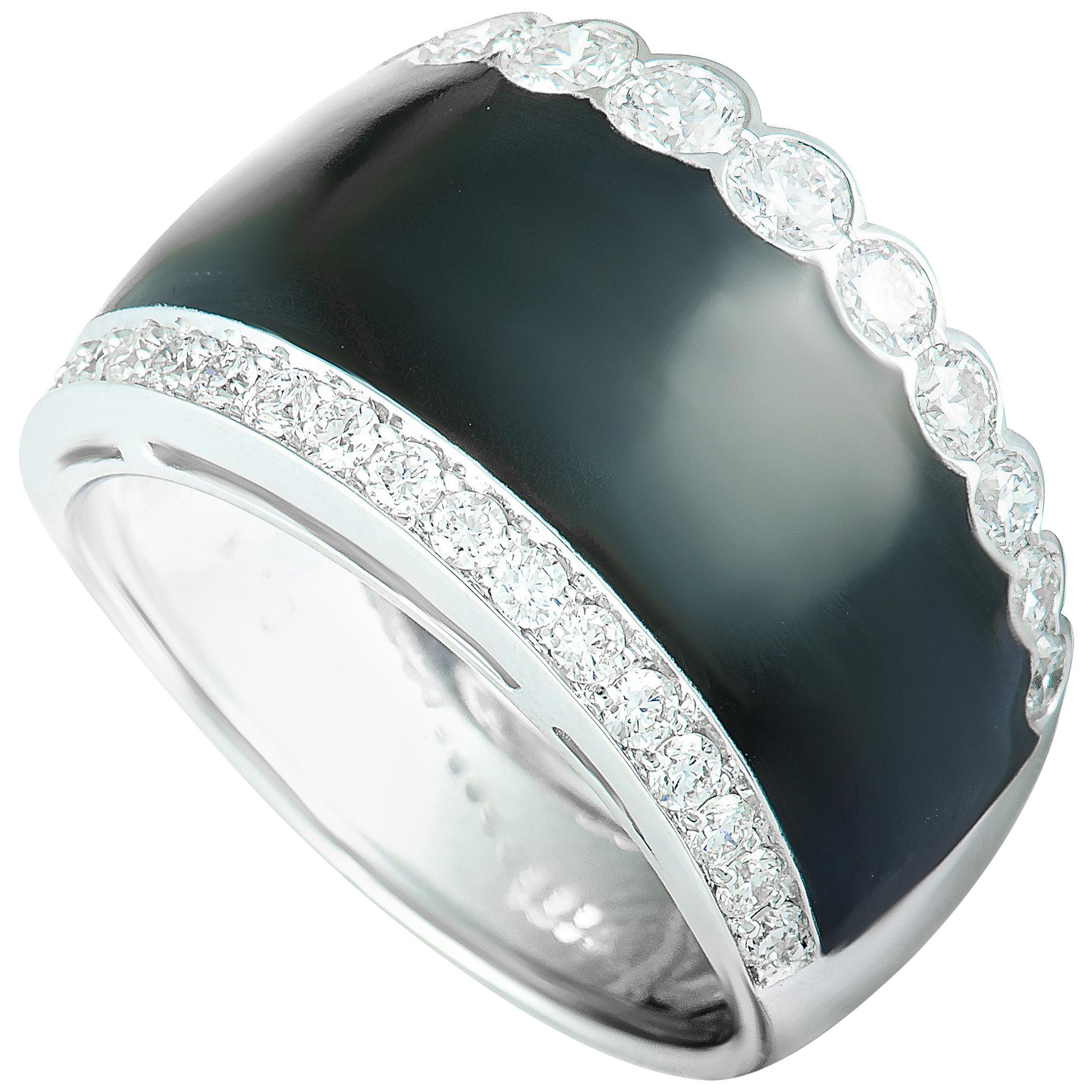 Picchiotti Diamond Pave and Onyx White Gold Wide Band Ring