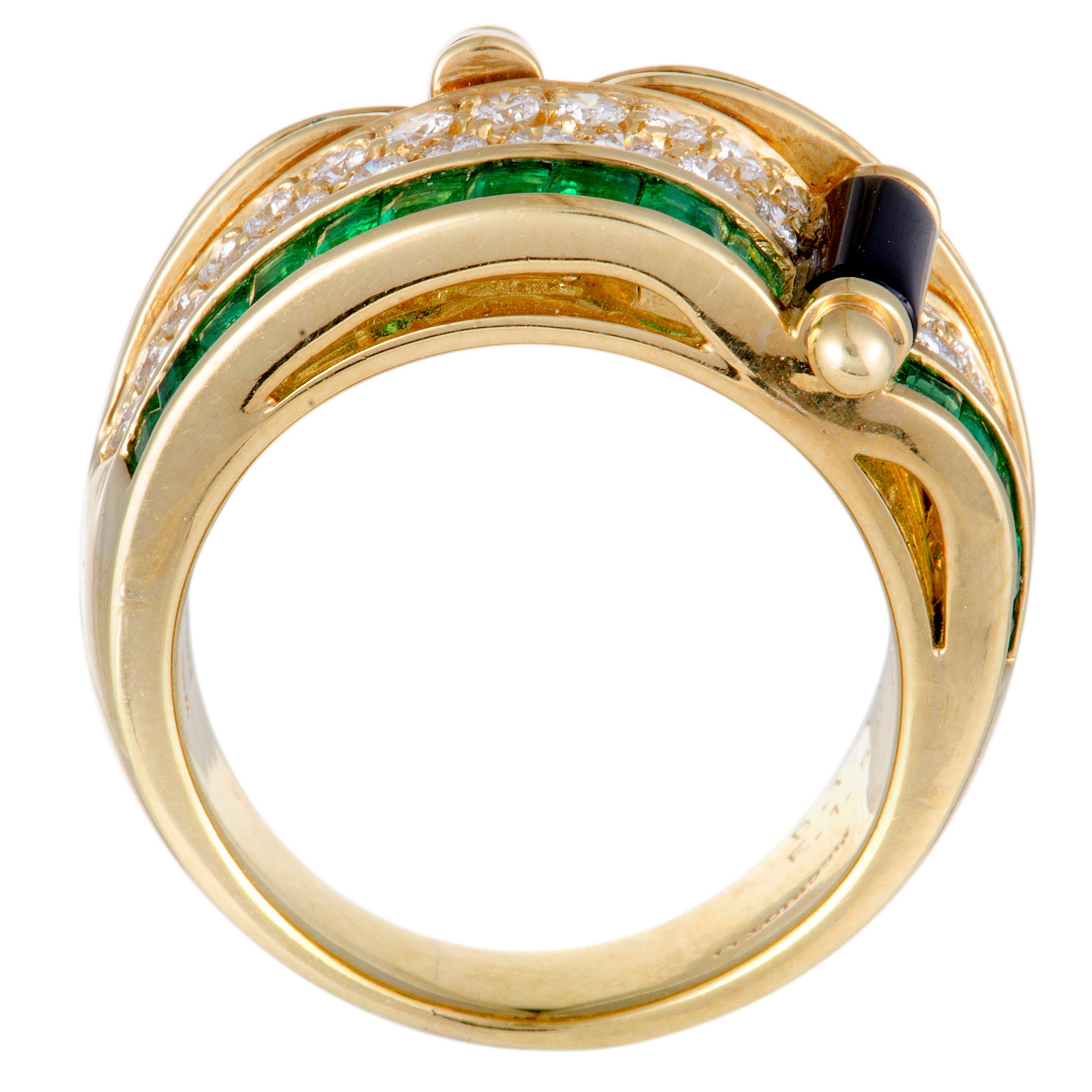 Expertly set with a most prestigious blend of eye-catching gems, this fabulous 18K yellow gold ring from Picchiotti will elevate your style in an exceptionally extravagant manner. The ring is decorated with striking onyx stones, and with emeralds