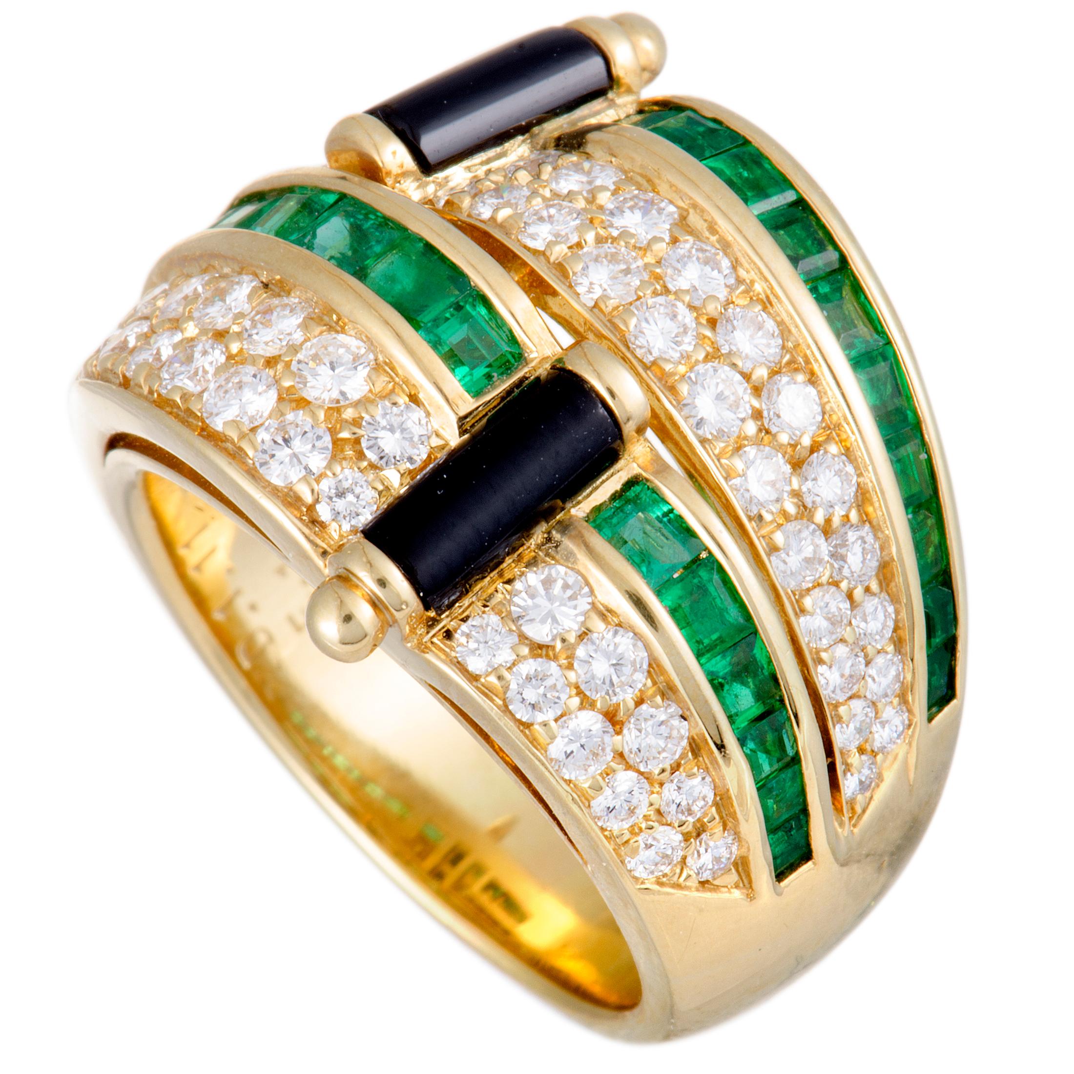 Picchiotti Diamond Pave Emerald Invisible Setting and Onyx Yellow Gold Band Ring