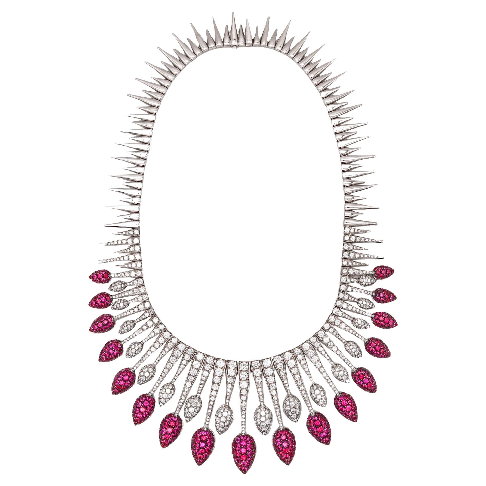 Picchiotti Festoon Necklace In 18Kt Gold With 40.21 Ctw In Diamonds And Rubies For Sale