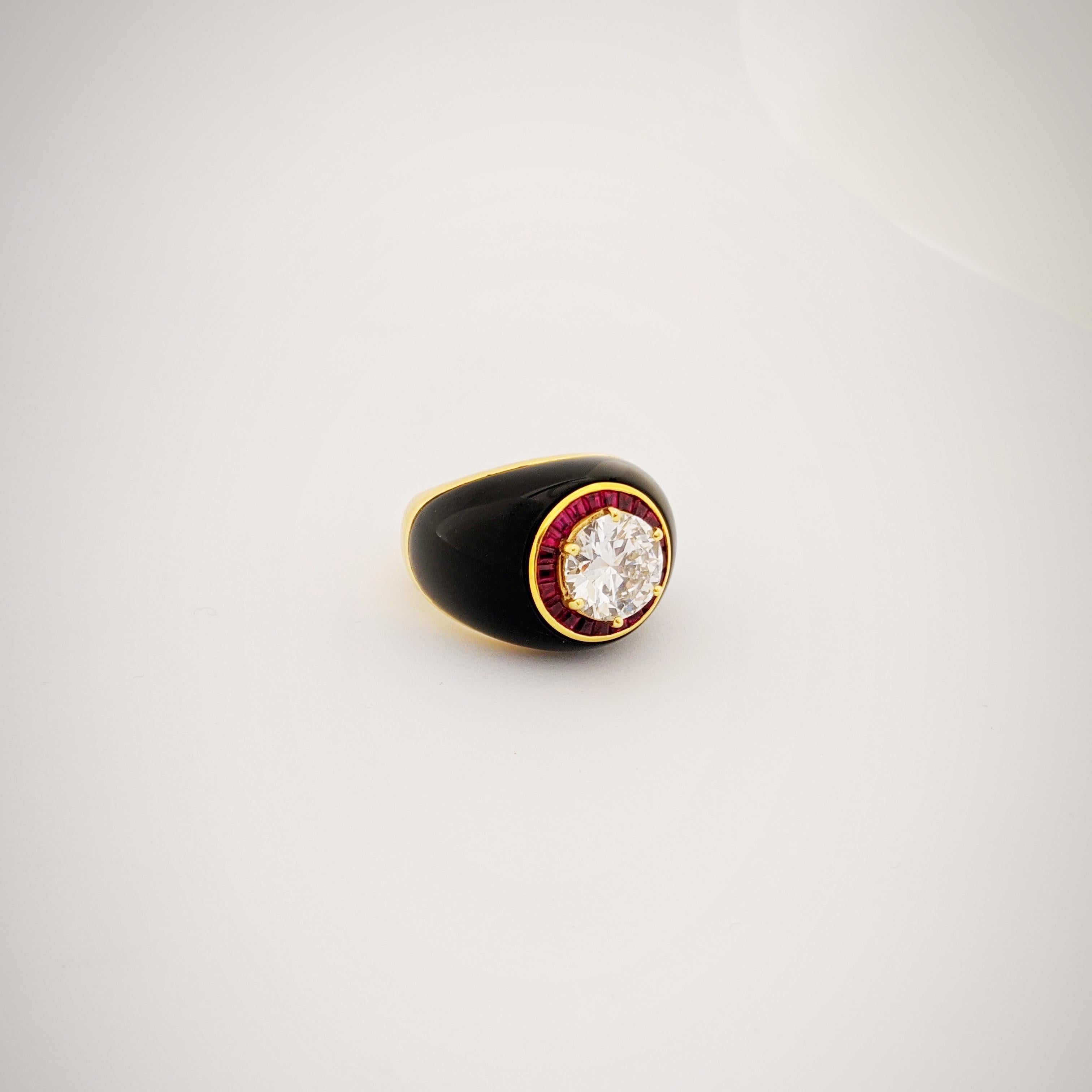 Round Cut Picchiotti, GIA 3.00 Carat Diamond Ring in Unique Ruby and Onyx Setting