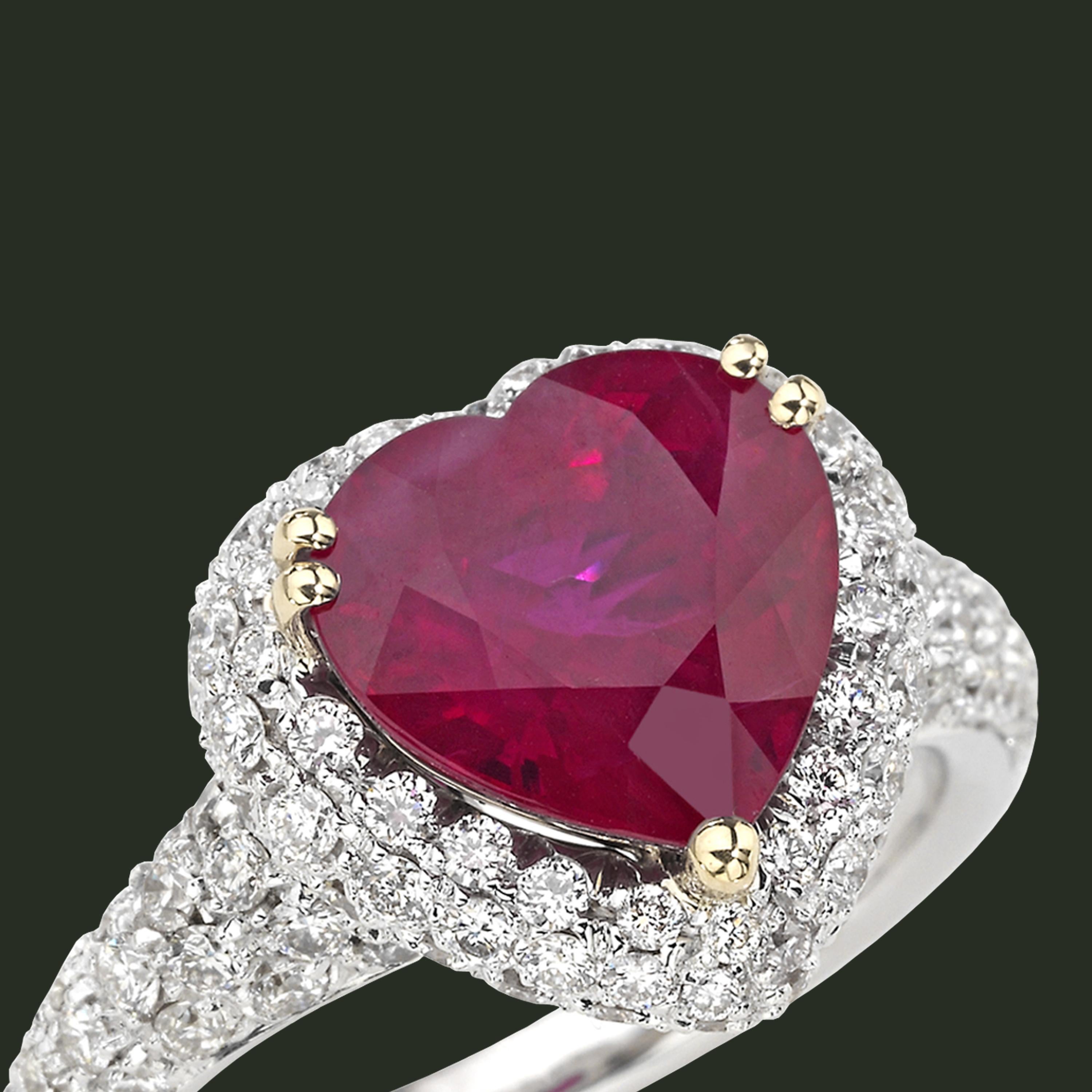 A heart-shape Ruby is the focus of this dazzling ring, that is the ultimate expression of Picchiotti’s sophisticated design combined with the use of the finest raw materials and unsurpassable craftsmanship.

Round diamonds 1.55 carats F/G color -