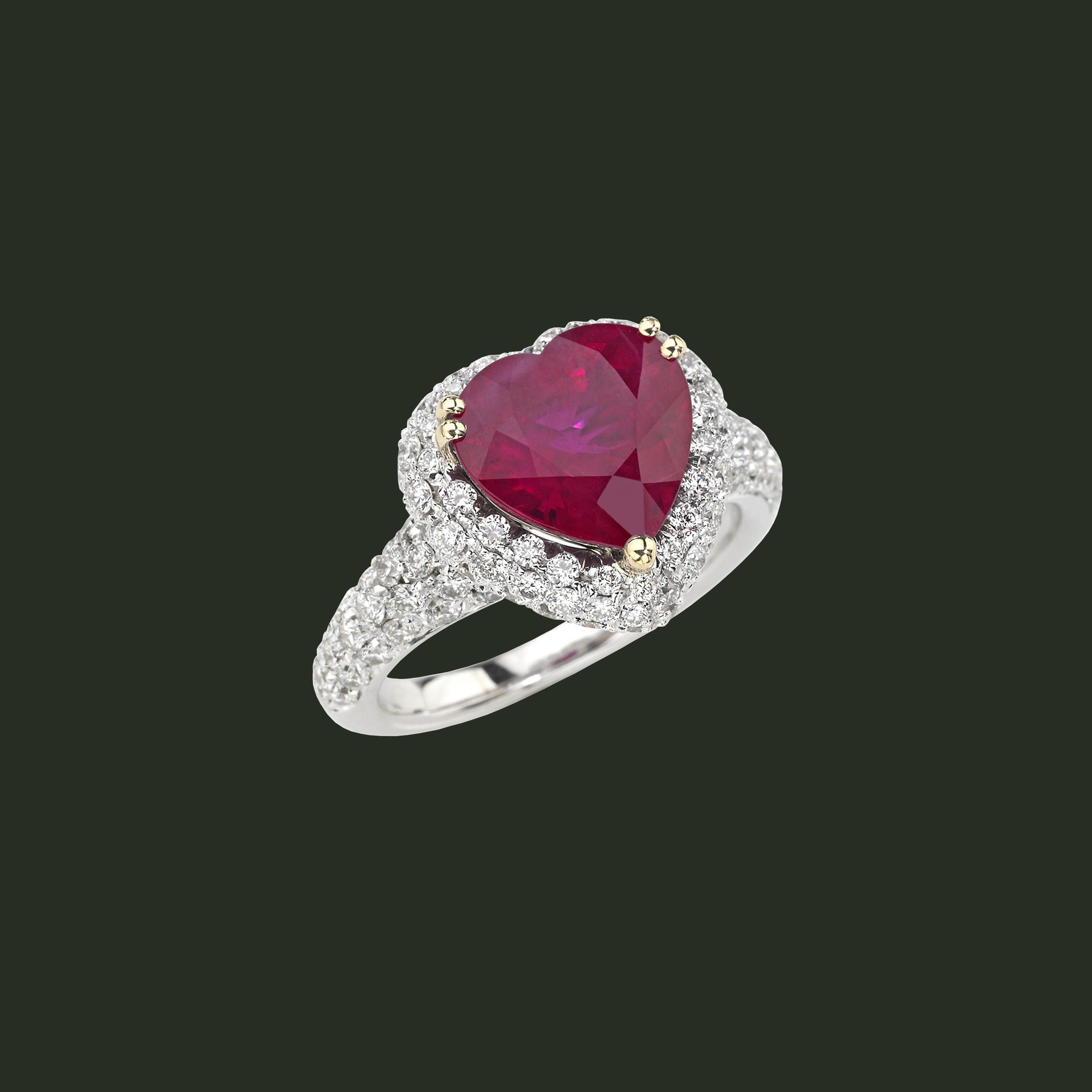 Pear Cut Picchiotti GRS Report 4.29 Carat Heart-shape Burma Ruby and round Diamond Ring For Sale