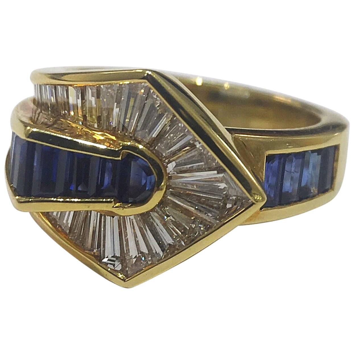 Picchiotti Invisibly Set Diamond and Sapphire Baguette Ring For Sale