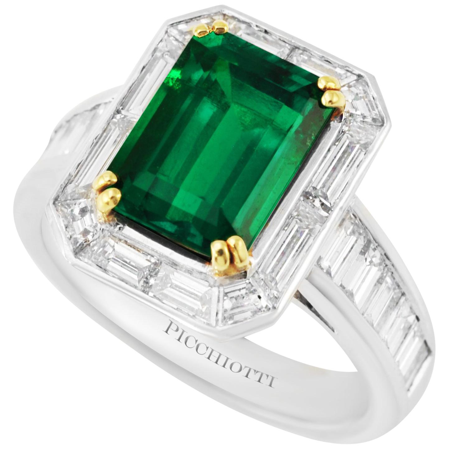 Picchiotti Platinum Ring, Diamond and Gubelin Report 2.62 Octagonal Emerald For Sale