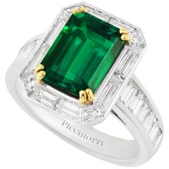 Picchiotti Platinum Ring, Diamond and Gubelin Report 2.62 Octagonal Emerald