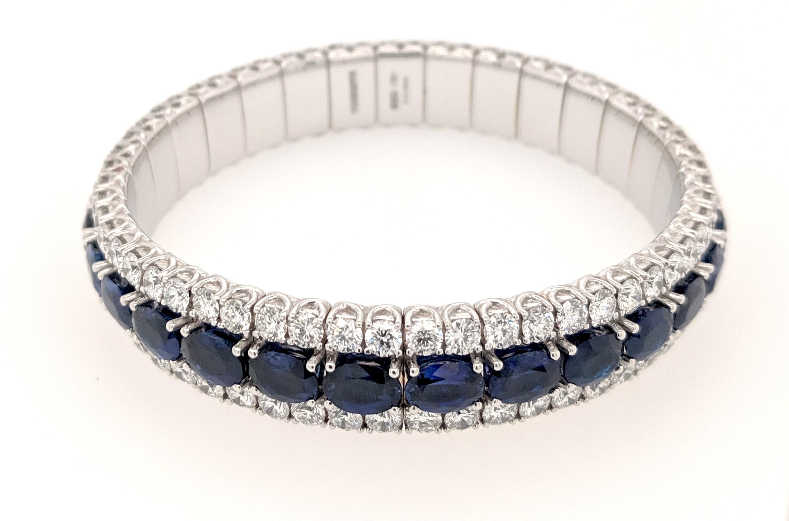 Italian designer Picchiotti has crafted this Sapphire and diamond bracelet in 18k White gold and features (29) oval cut celon sapphires matching perfectly weighing 23.95cttw and 116 round diamonds weighing approximately 15.0cttw with a color of F/G