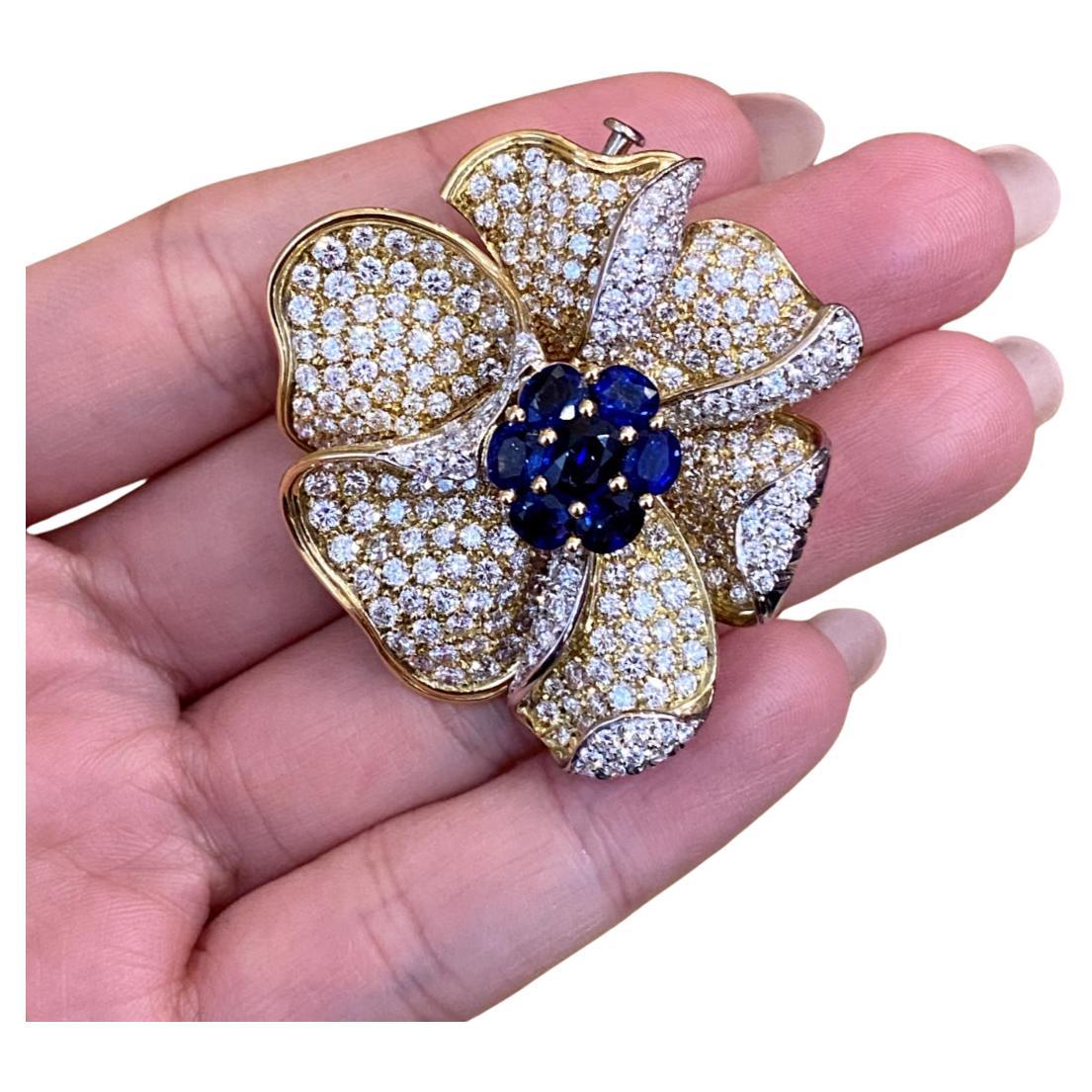 Picchiotti Sapphire and Diamond Flower Brooch in 18k Yellow Gold Large For Sale