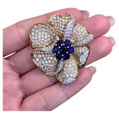 Picchiotti Sapphire and Diamond Flower Brooch in 18k Yellow Gold Large