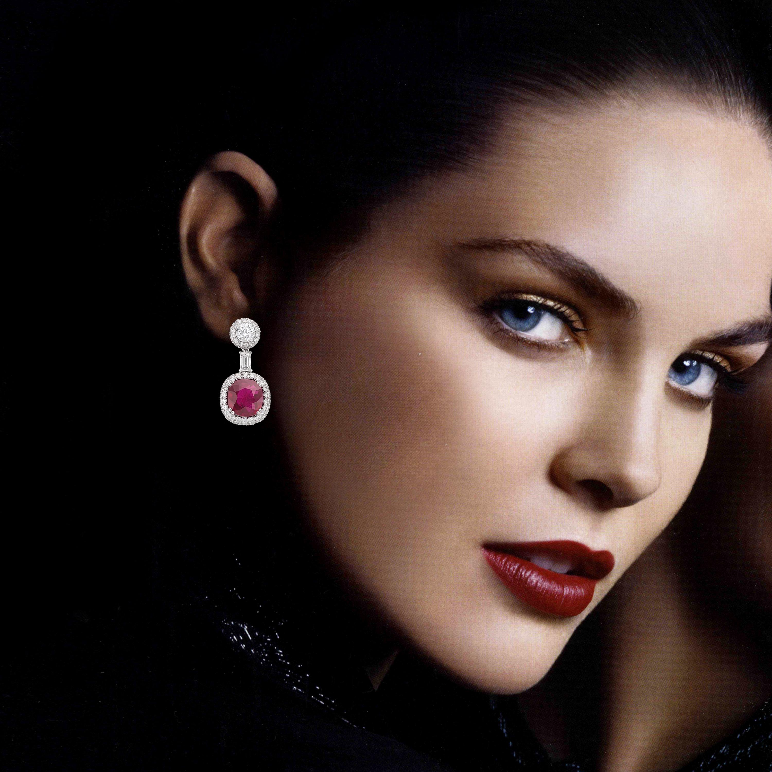 Elegant earrings from the Special Gem Collection, a unique array devoted to the rarest and most beautiful coloured gemstones, feature Vivid Red Pigeon’s Blood cushion rubies of Burma origin, beautifully towered by two round brilliant-cut diamonds