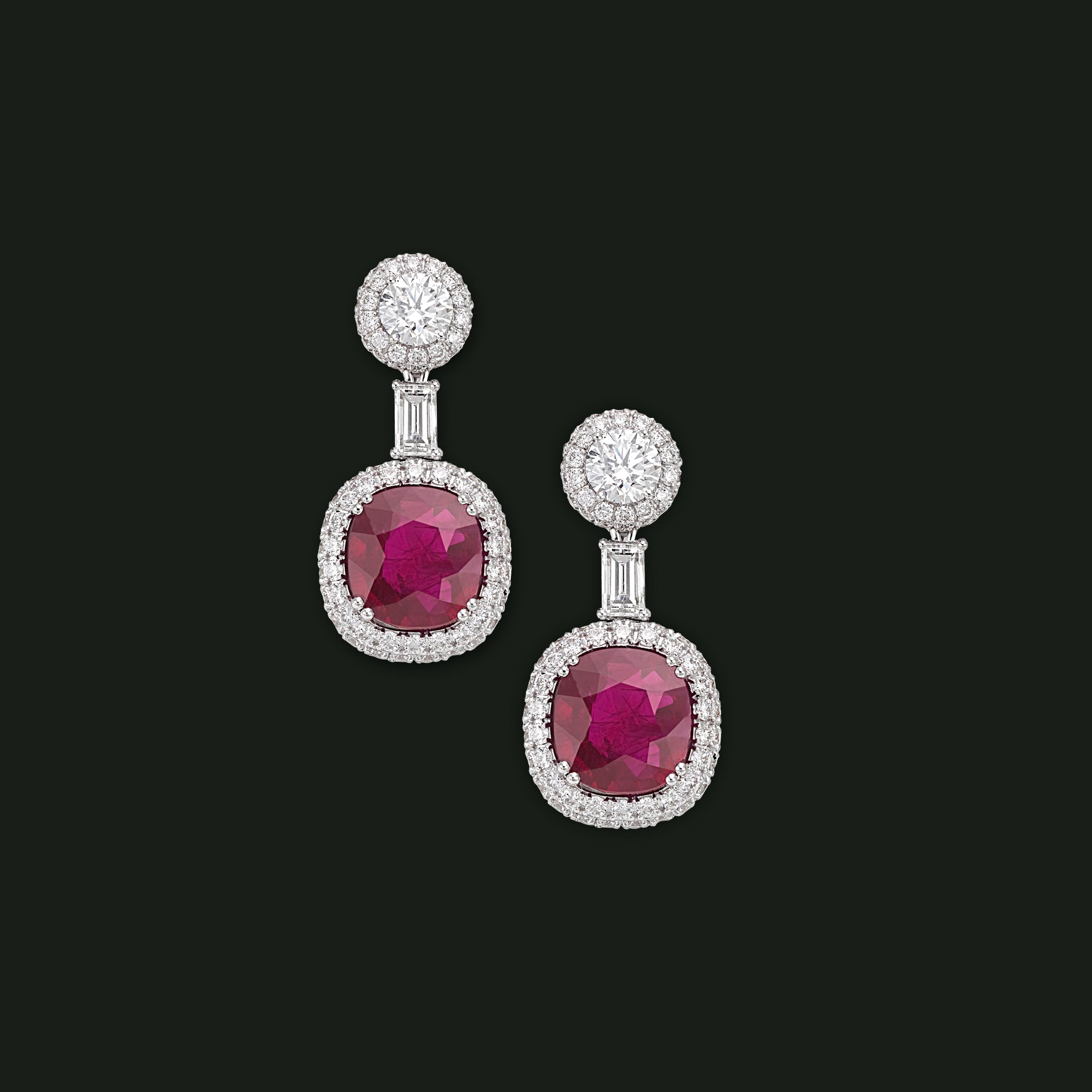 Cushion Cut Picchiotti  Burma Ruby and Diamond Earrings For Sale