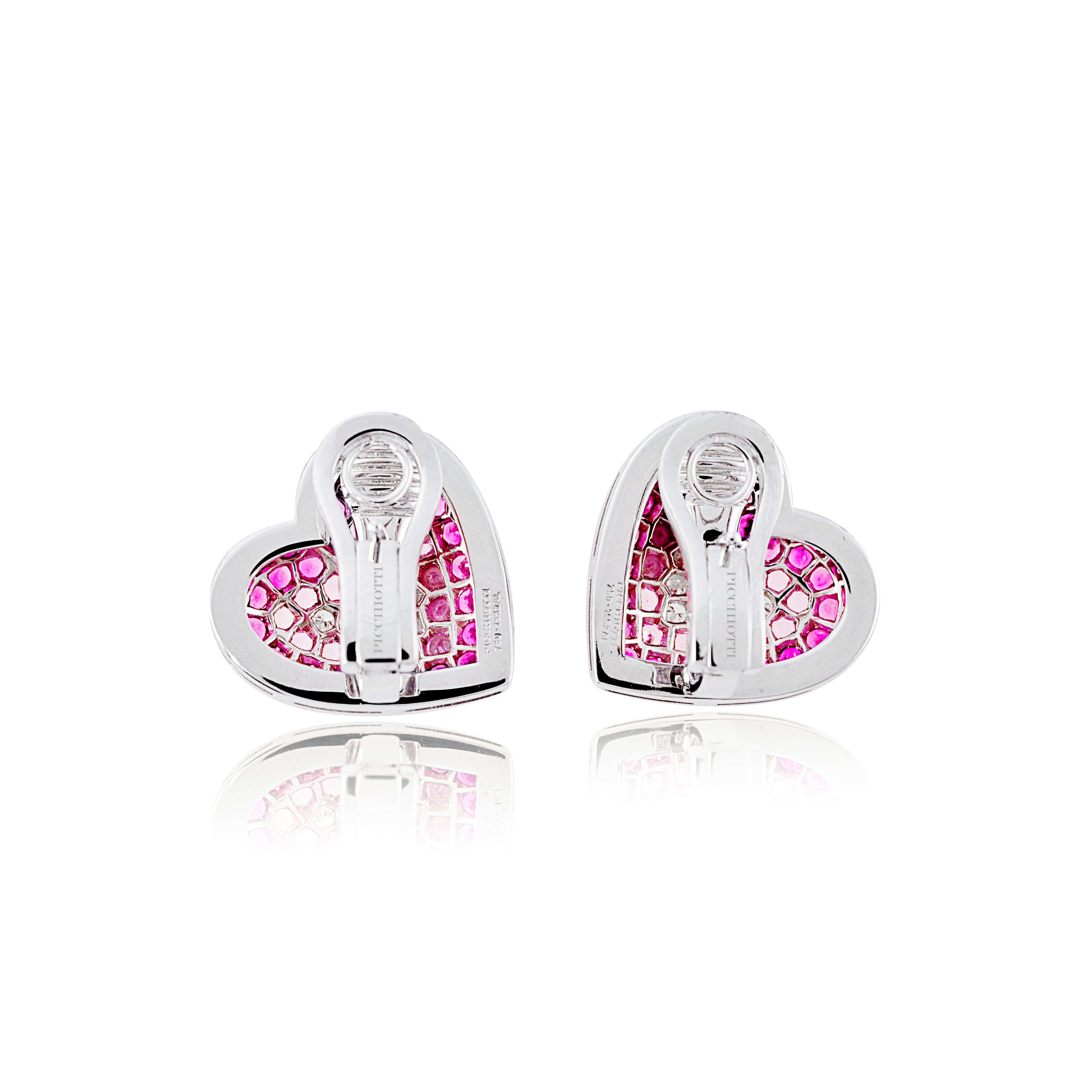 Round Cut Picchiotti White Gold Diamonds, Rubies and Pink Sapphire Heart-Shaped Earrings For Sale
