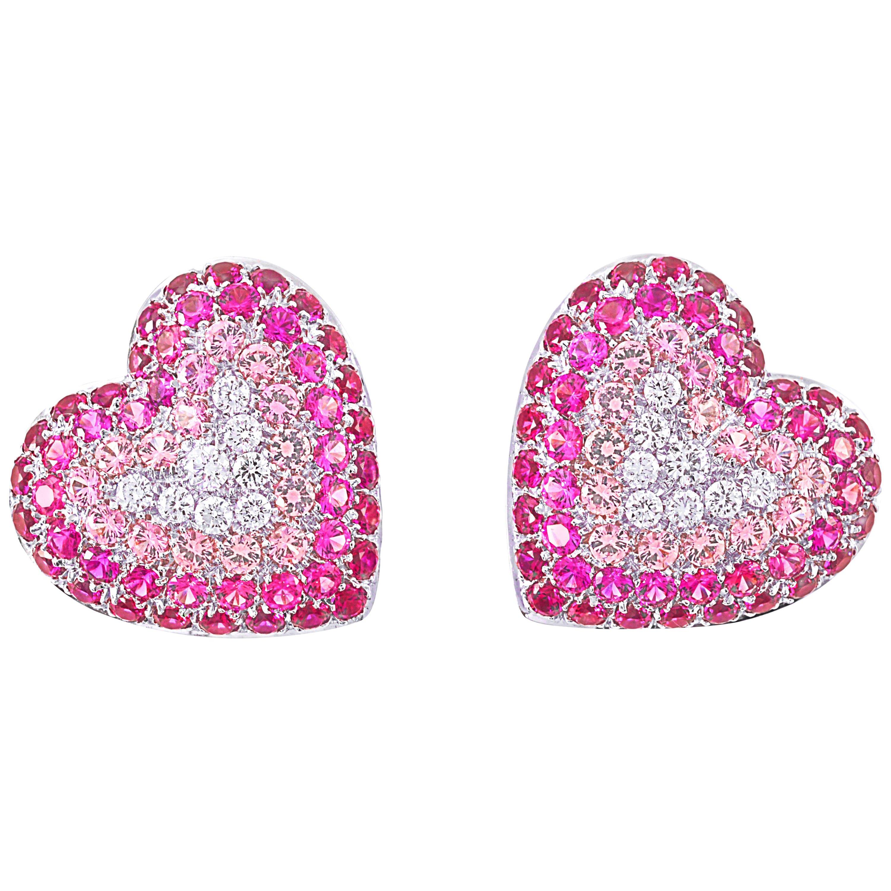 Picchiotti White Gold Diamonds, Rubies and Pink Sapphire Heart-Shaped Earrings For Sale