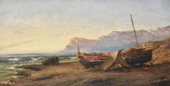 Small Marina, With Coast And Fisherman, Oil On Board, Rocky Coast, Late 19th.