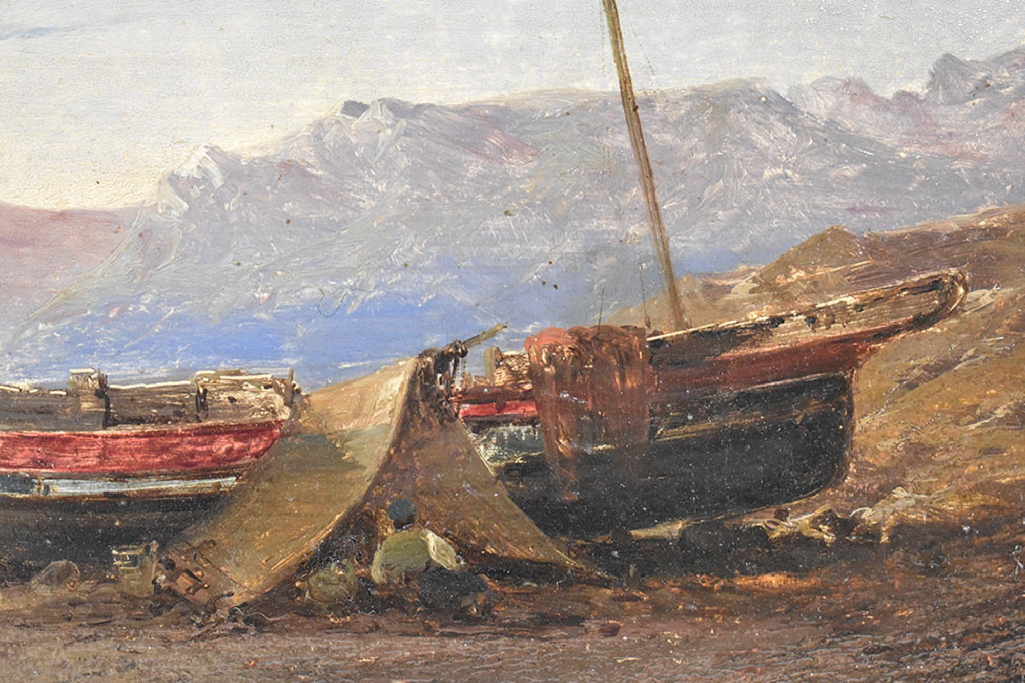 Kleiner Jachthafen, mit Küste und Fischer, Öl auf Karton, Felsenküste, Ende 19. (Napoleon III.) im Angebot