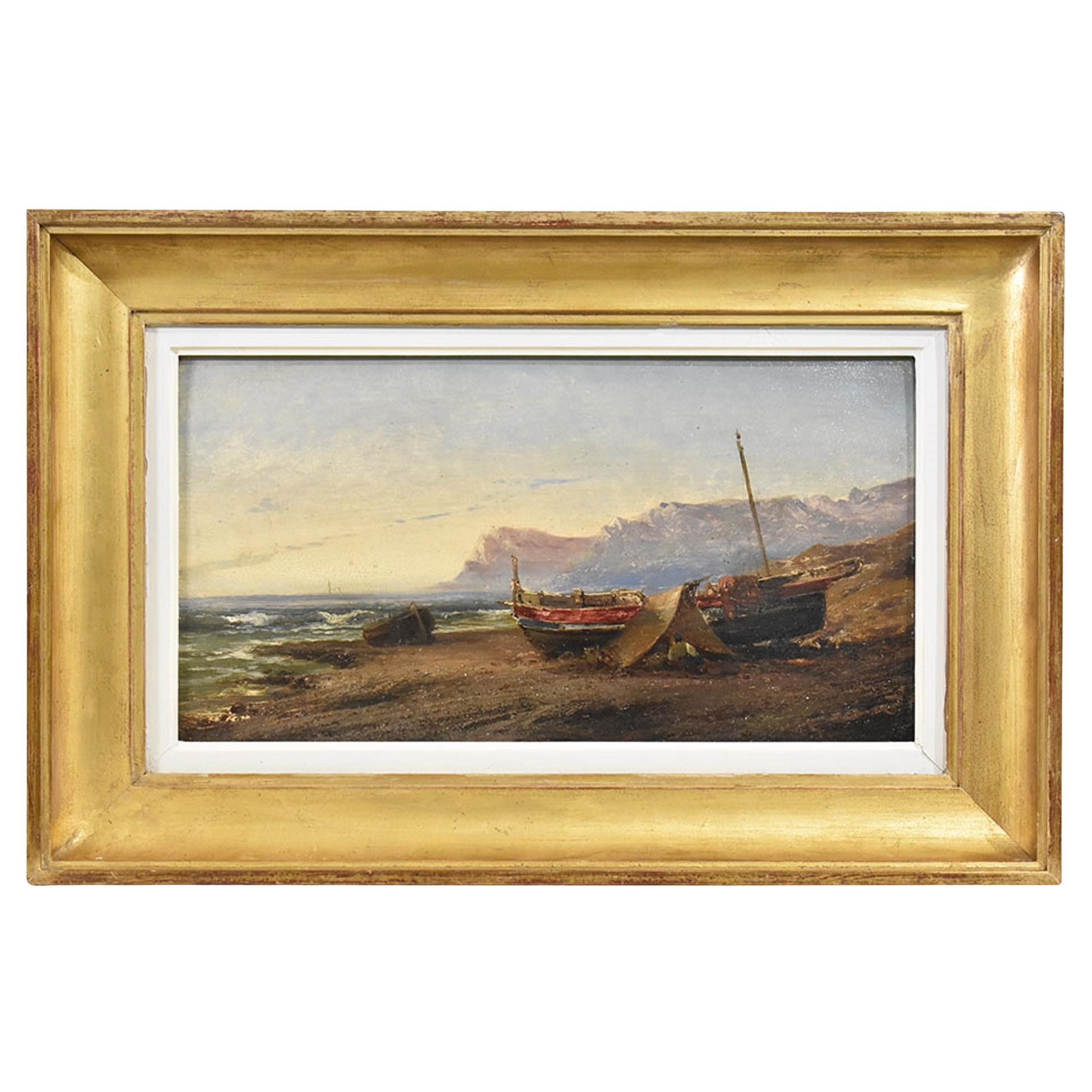 Small Marina, With Coast And Fisherman, Oil On Board, Rocky Coast, Late 19th.