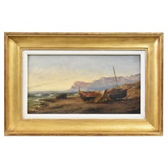 Pequeño puerto deportivo, con costa y pescador, óleo sobre tabla, costa rocosa, finales del siglo XIX.