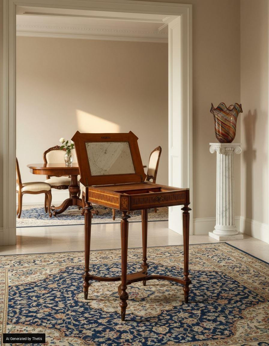 Pequeño tocador con incrustaciones de diferentes maderas, gusto Napoleón III, siglo XIX en venta 1