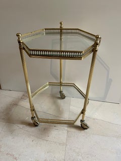 Small vintage brass and glass hexagonal bar cart from the 1950s