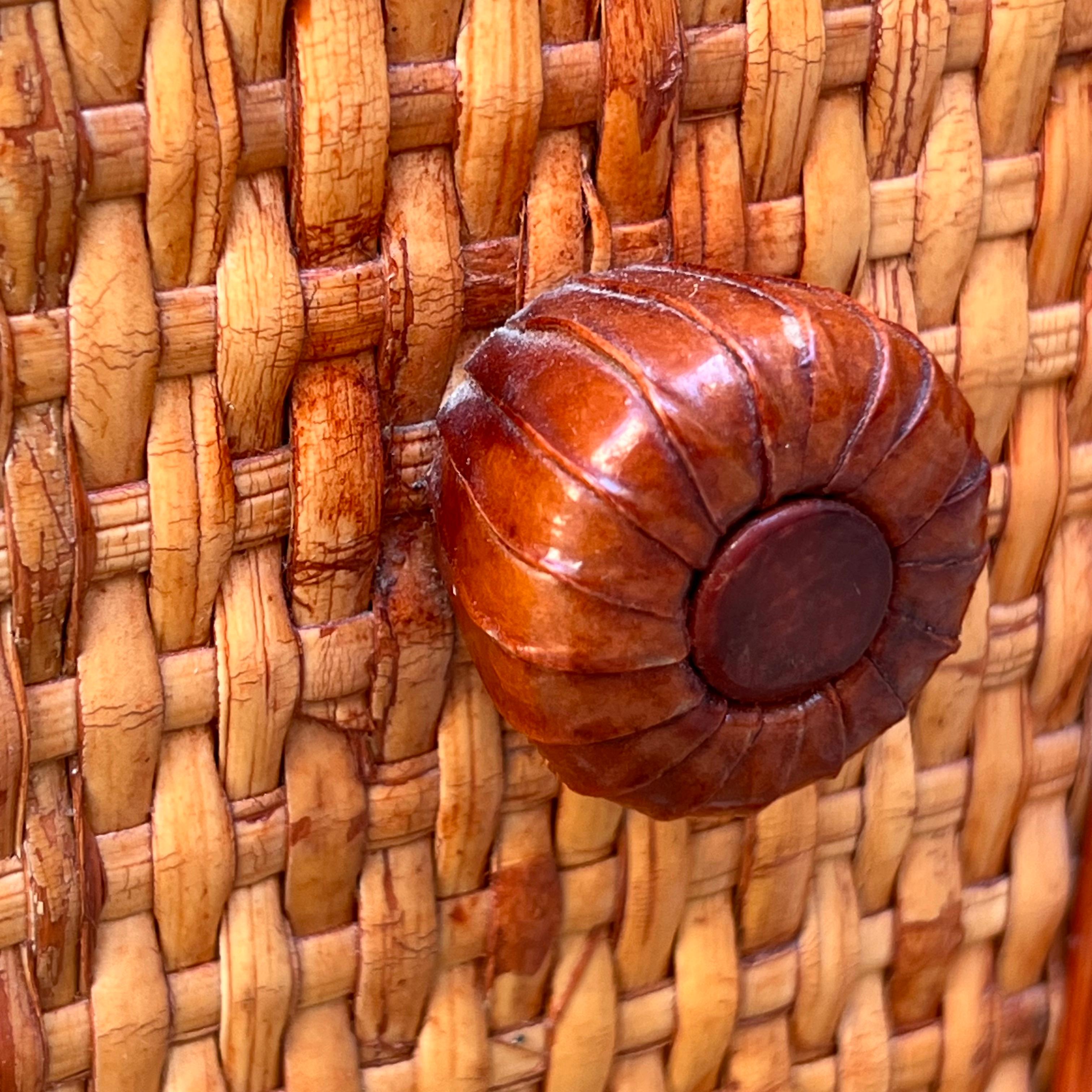 Piccolo Mobile Legno e Rattan - Pomoli in Pelle - Maugrion/Roche Bobois - 80's in vendita 4