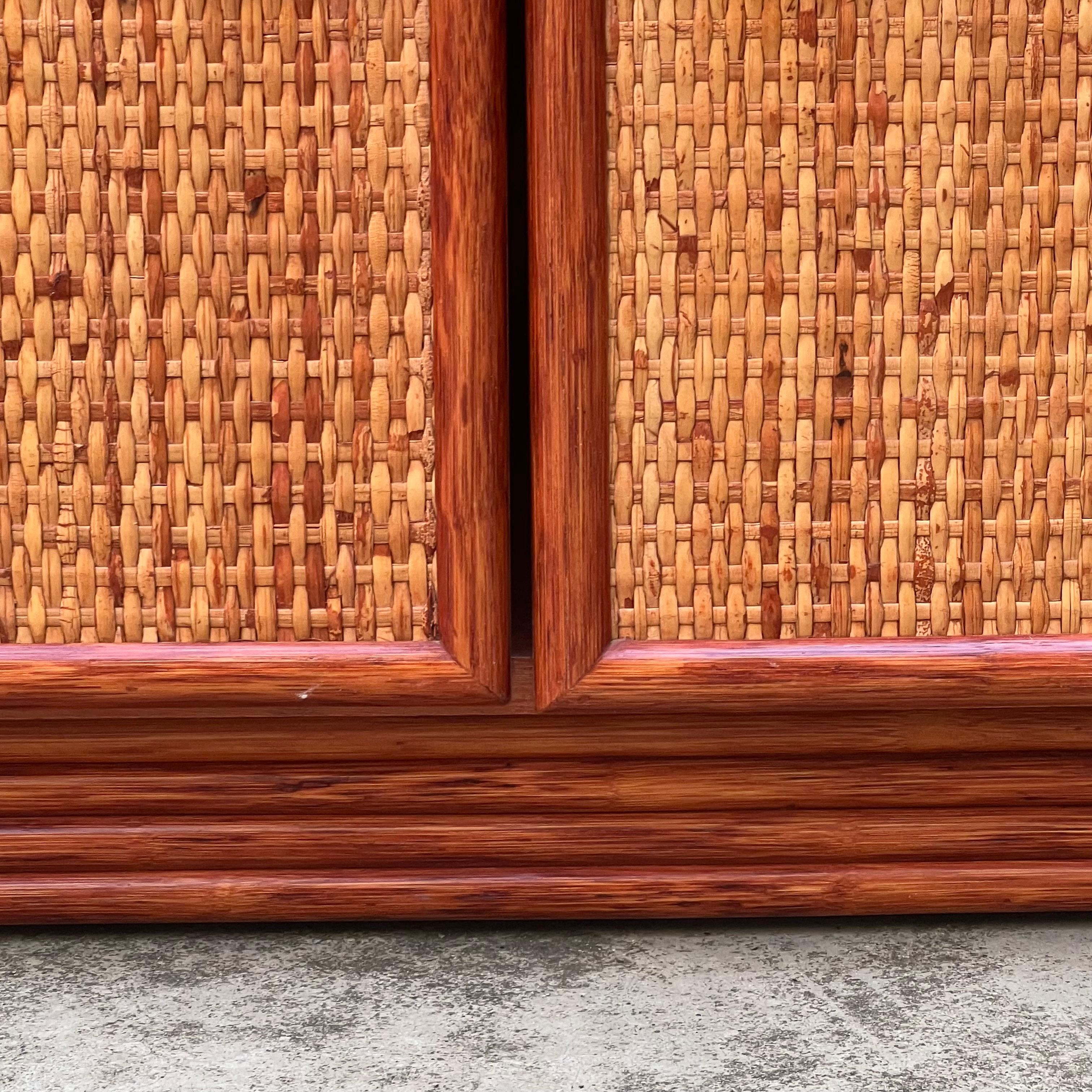 Piccolo Mobile Legno e Rattan - Pomoli in Pelle - Maugrion/Roche Bobois - 80's in vendita 10