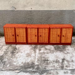 Small Wood and Rattan Cabinet - Leather Knobs - Maugrion/Roche Bobois - 80's