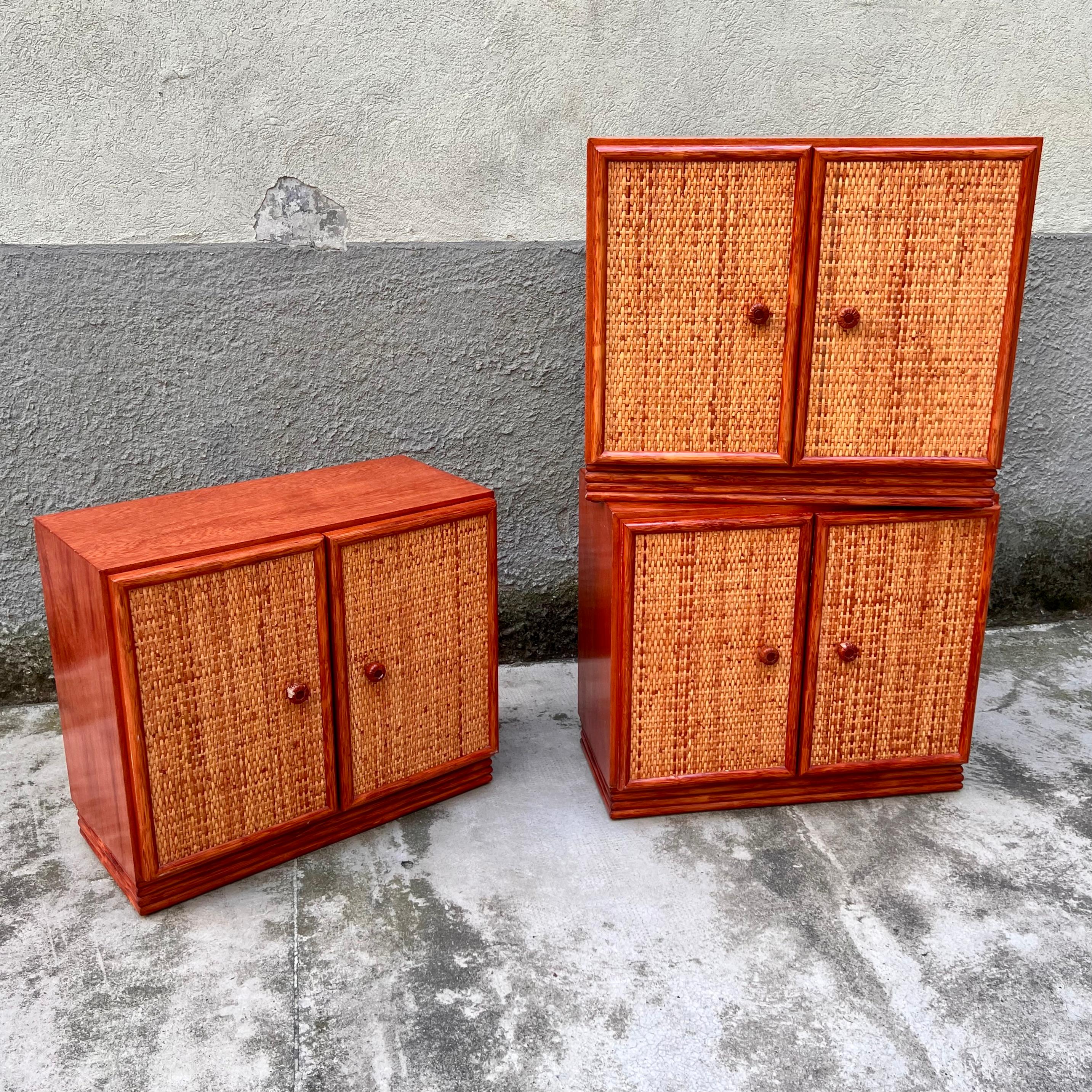 Piccolo Mobile Legno e Rattan - Pomoli in Pelle - Maugrion/Roche Bobois - 80's In condizioni buone in vendita a Milano, IT