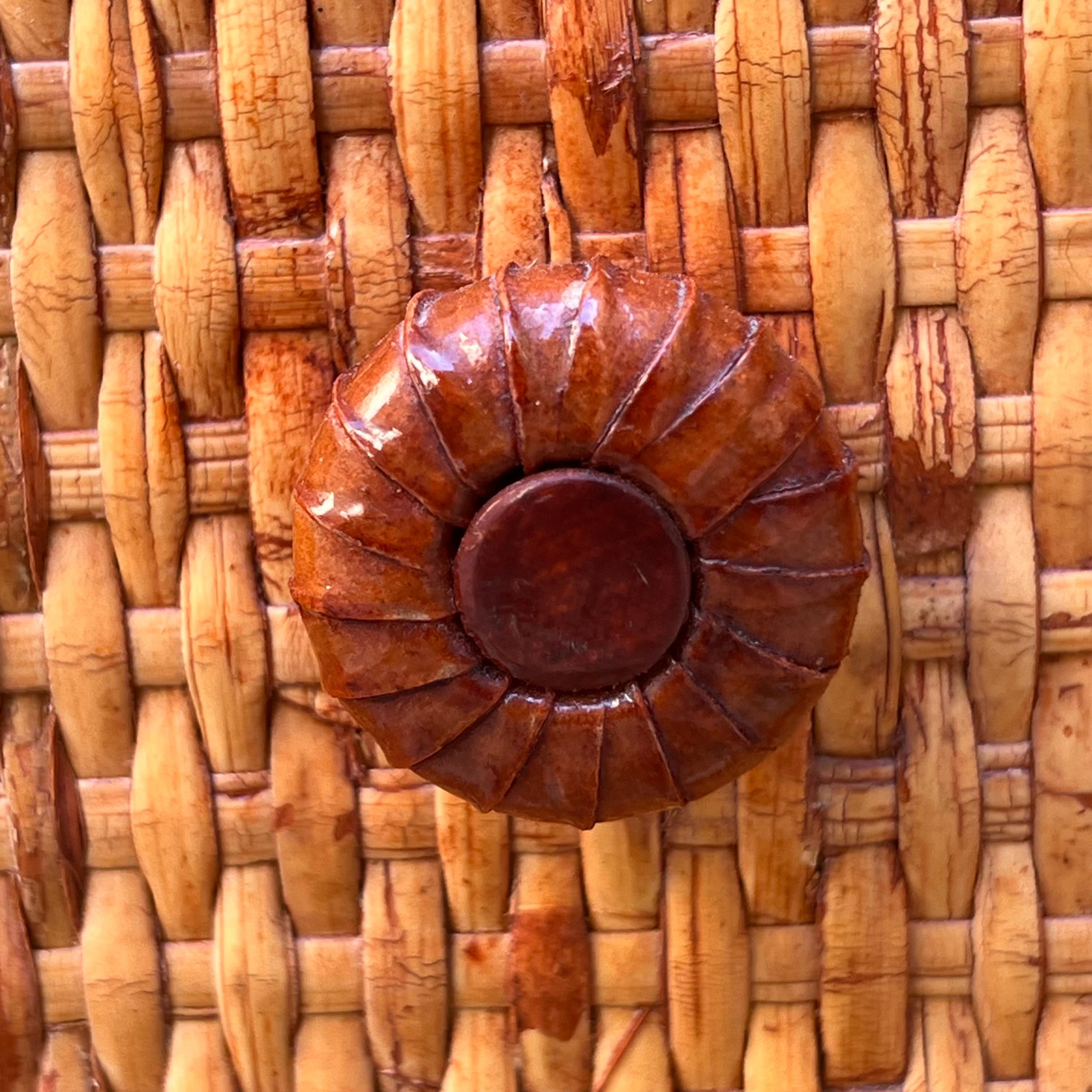 Piccolo Mobile Legno e Rattan - Pomoli in Pelle - Maugrion/Roche Bobois - 80's in vendita 3