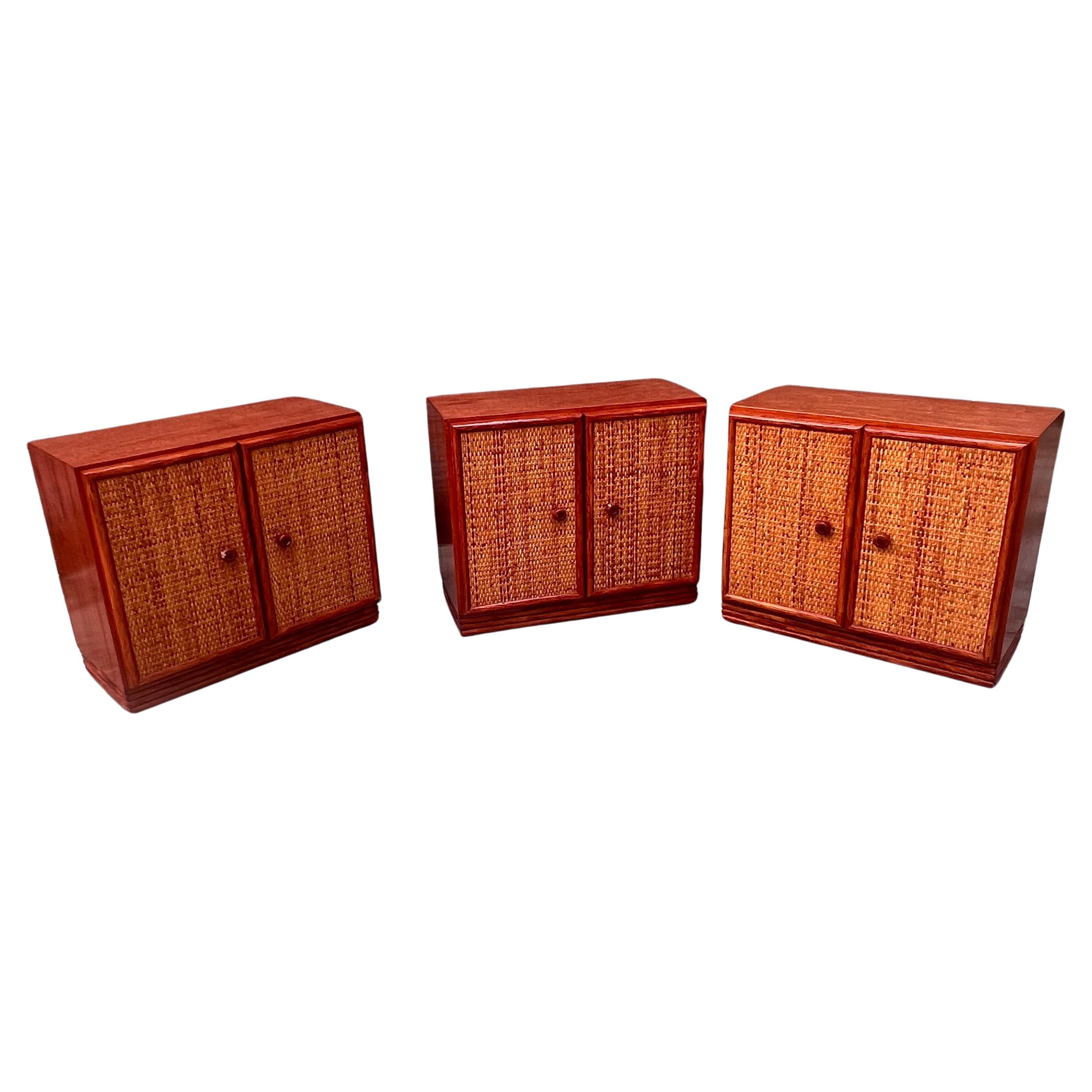 Piccolo Mobile Legno e Rattan - Pomoli in Pelle - Maugrion/Roche Bobois - 80's in vendita