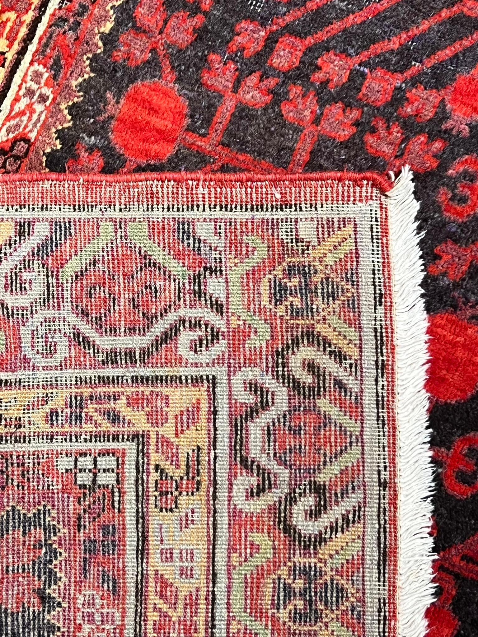Chinoiserie Small Yarkand rug decorated with pomegranate tones of cochineal red and gray For Sale