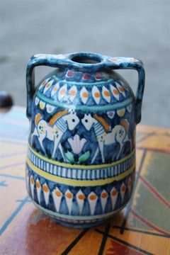 jarrón pequeño en Azul con caballos Avallone Vietri Diseño italiano de mediados de siglo