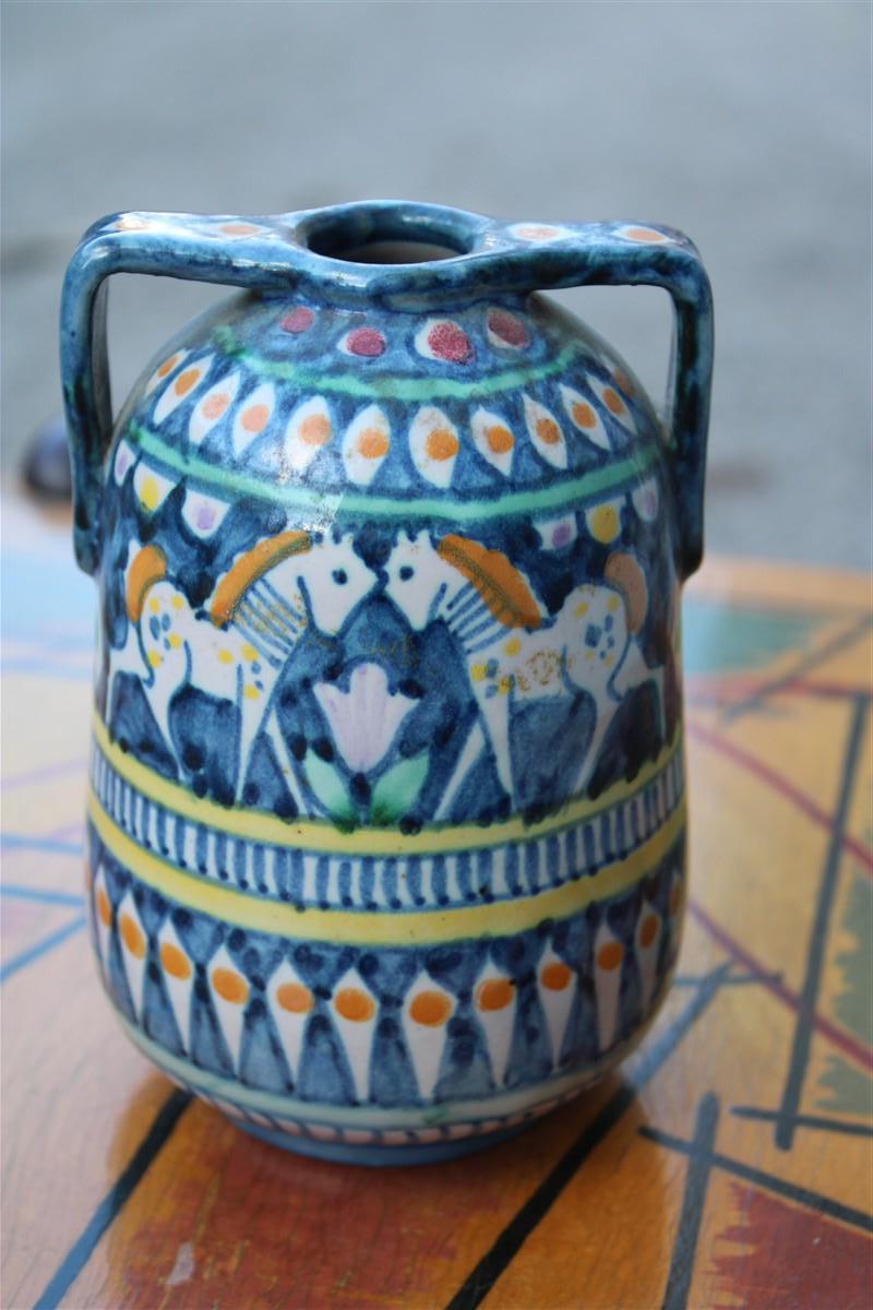 Mid-Century Modern small vase in Blue with Horses Avallone Vietri Mid-century Italian design For Sale