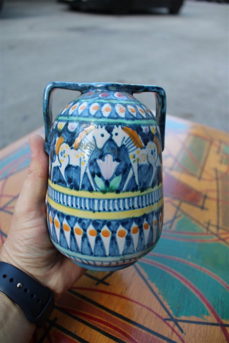 Ceramic small vase in Blue with Horses Avallone Vietri Mid-century Italian design For Sale