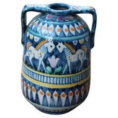 kleine Vase in Blau mit Pferden Avallone Vietri Italienisches Design aus der Mitte des Jahrhunderts